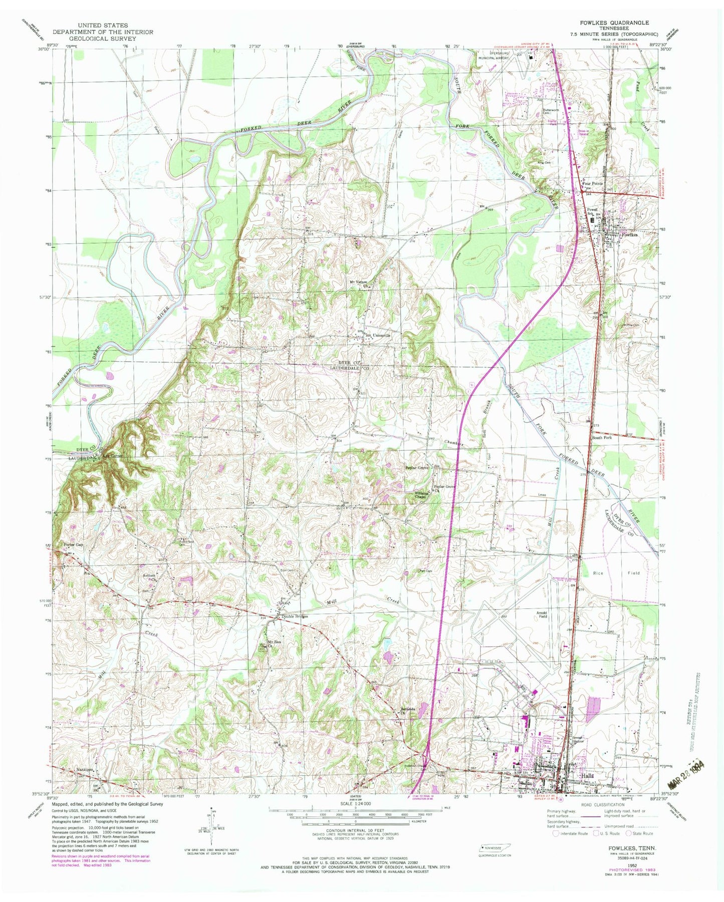 Classic USGS Fowlkes Tennessee 7.5'x7.5' Topo Map Image