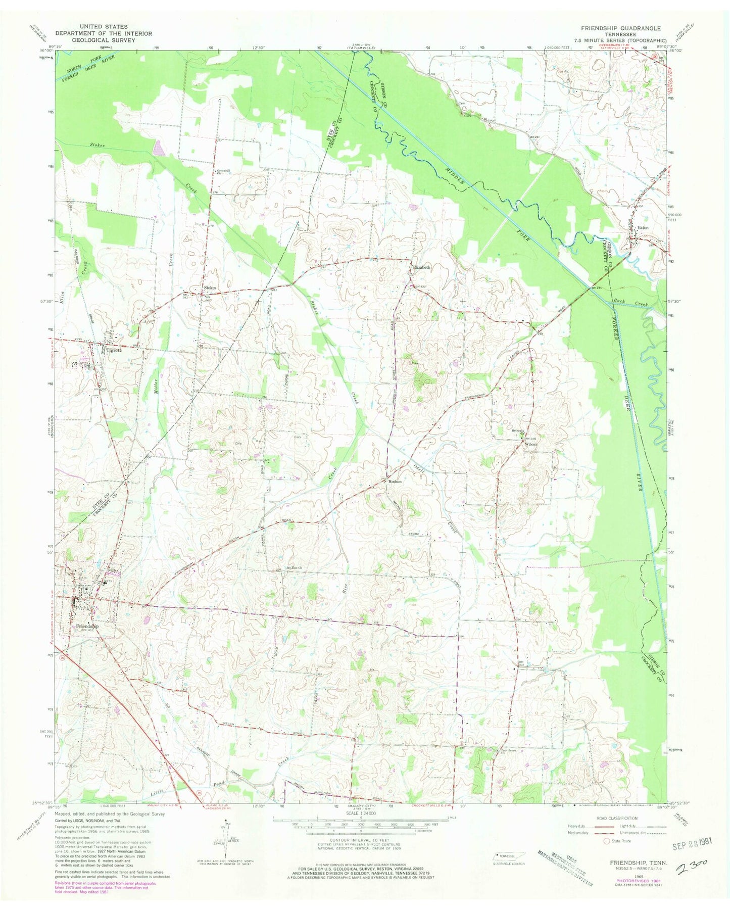 Classic USGS Friendship Tennessee 7.5'x7.5' Topo Map Image