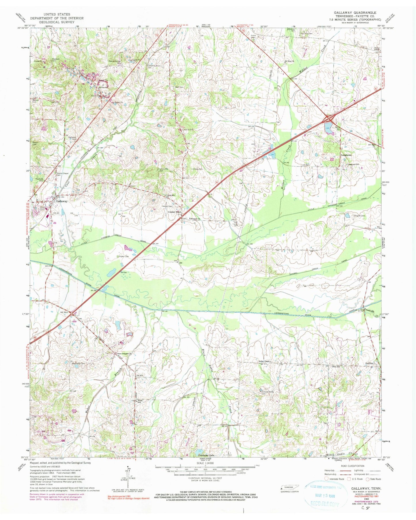 Classic USGS Gallaway Tennessee 7.5'x7.5' Topo Map Image