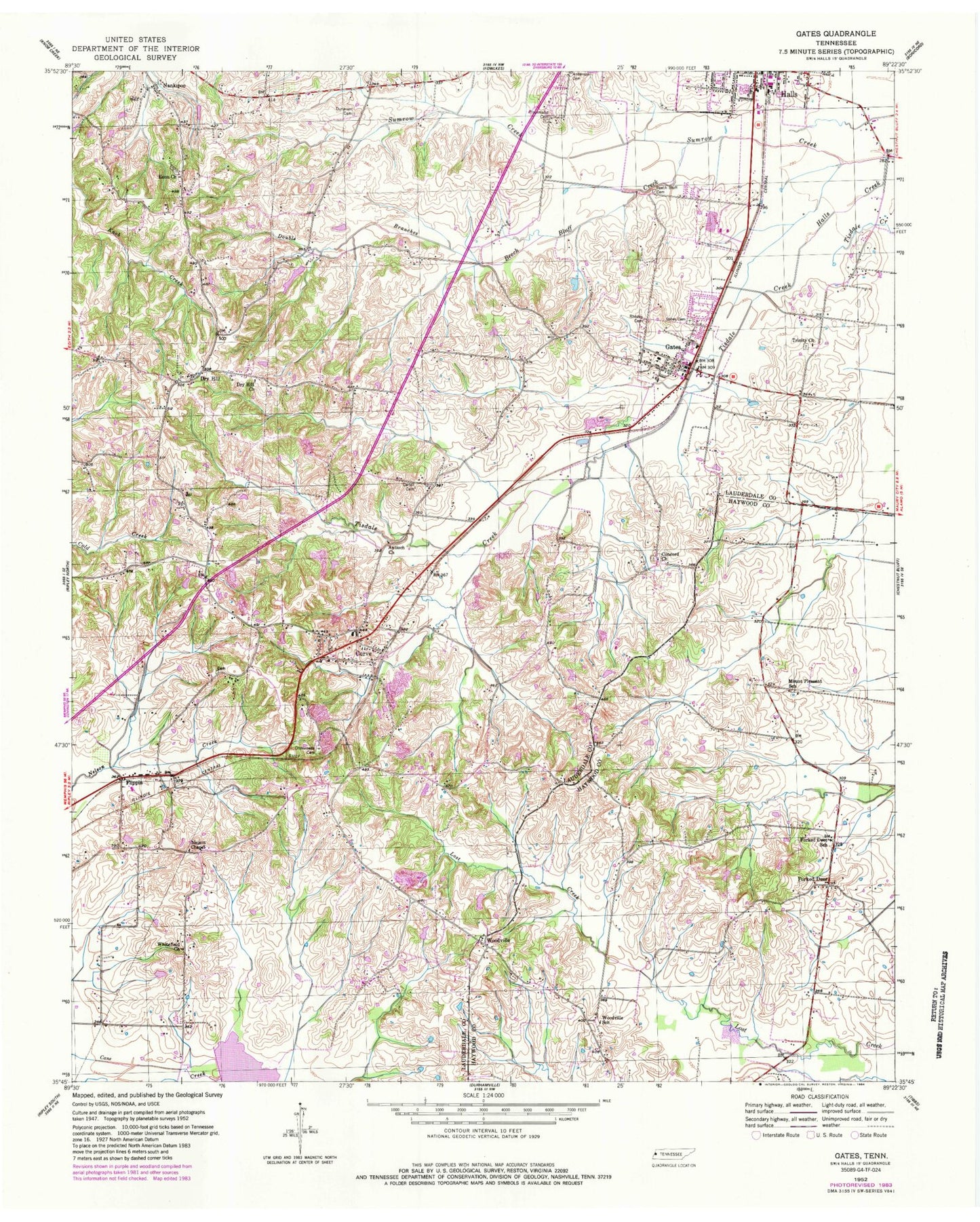 Classic USGS Gates Tennessee 7.5'x7.5' Topo Map Image