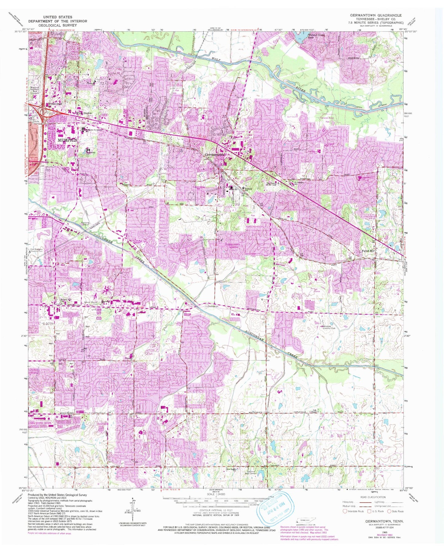 Classic USGS Germantown Tennessee 7.5'x7.5' Topo Map Image