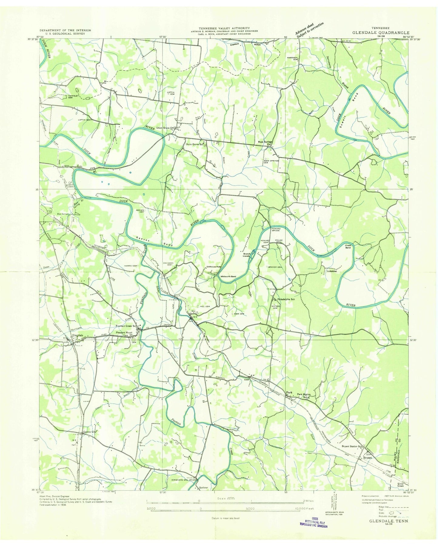 Classic USGS Glendale Tennessee 7.5'x7.5' Topo Map Image