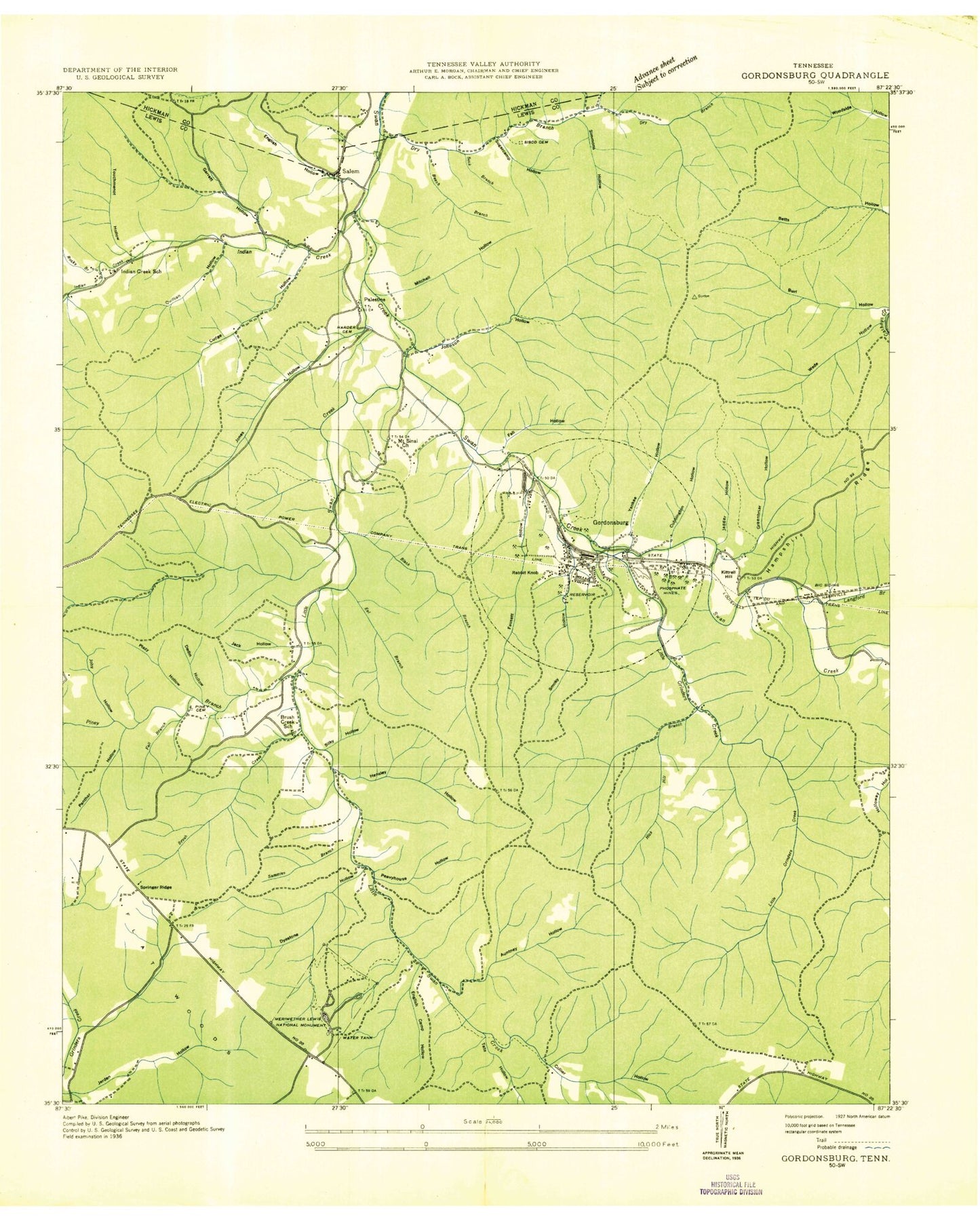 Classic USGS Gordonsburg Tennessee 7.5'x7.5' Topo Map Image