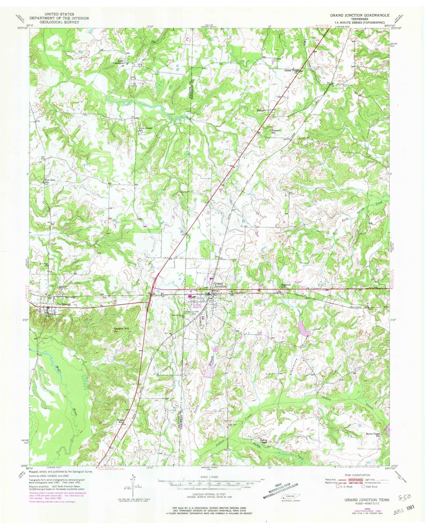 Classic USGS Grand Junction Tennessee 7.5'x7.5' Topo Map Image
