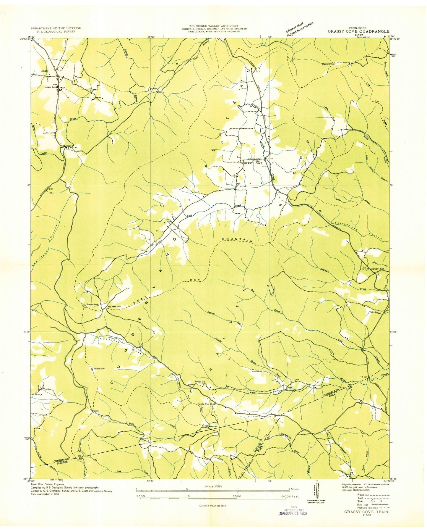 Classic USGS Grassy Cove Tennessee 7.5'x7.5' Topo Map Image