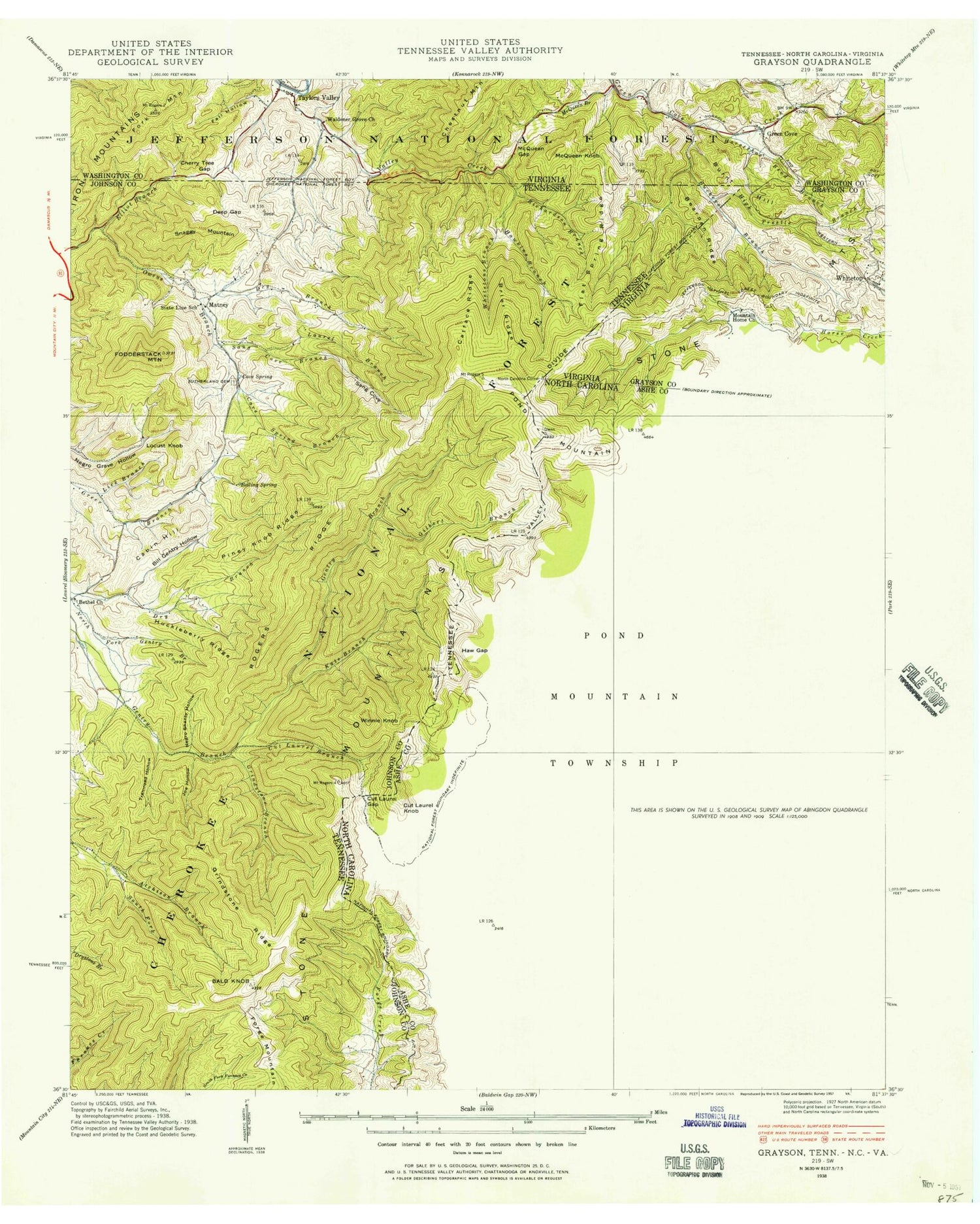 Classic USGS Grayson North Carolina 7.5'x7.5' Topo Map Image