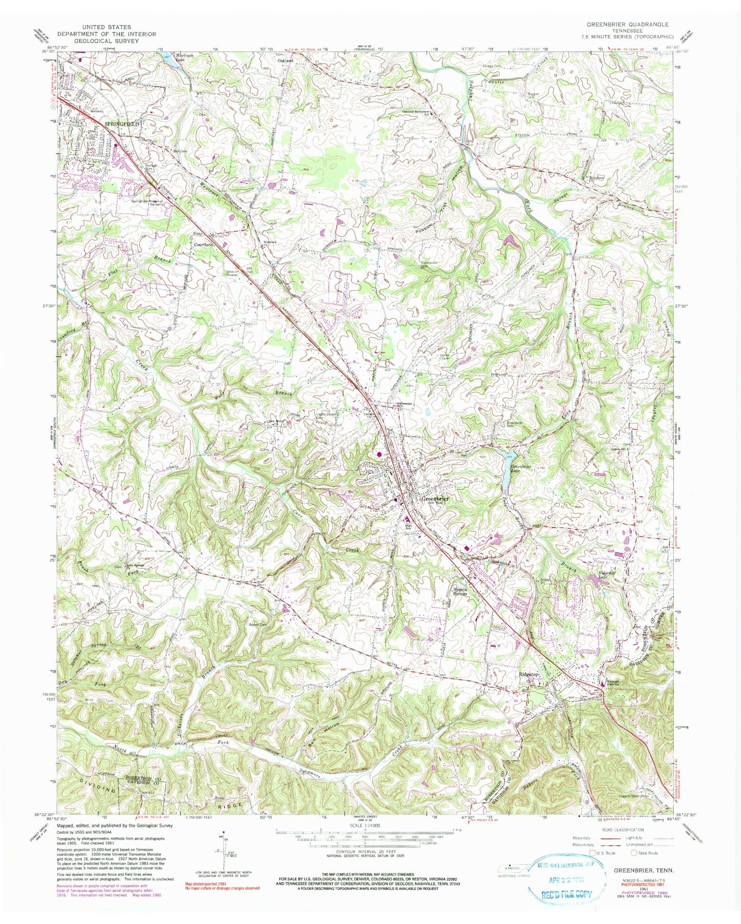 Classic USGS Greenbrier Tennessee 7.5'x7.5' Topo Map Image