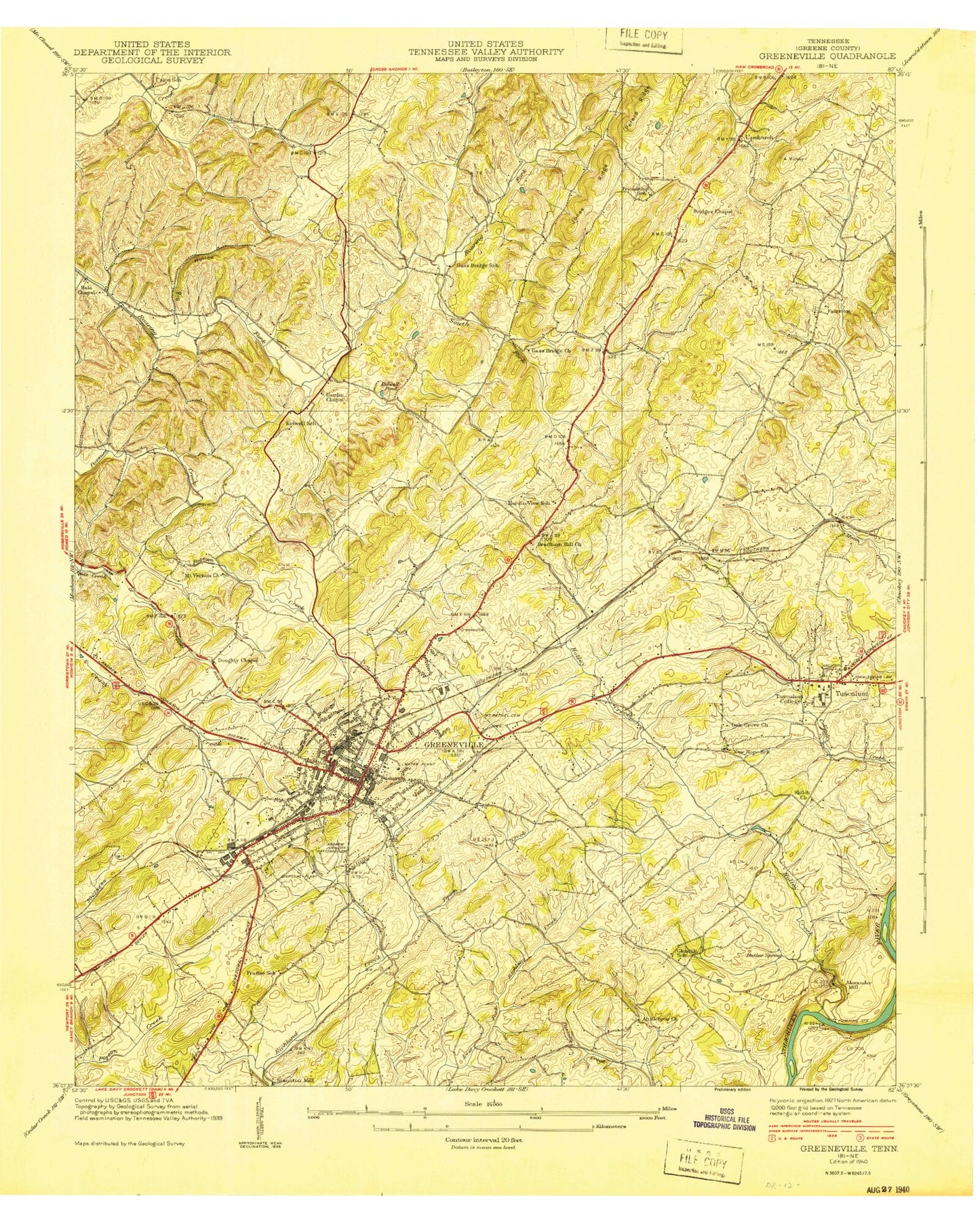 Classic USGS Greeneville Tennessee 7.5'x7.5' Topo Map Image