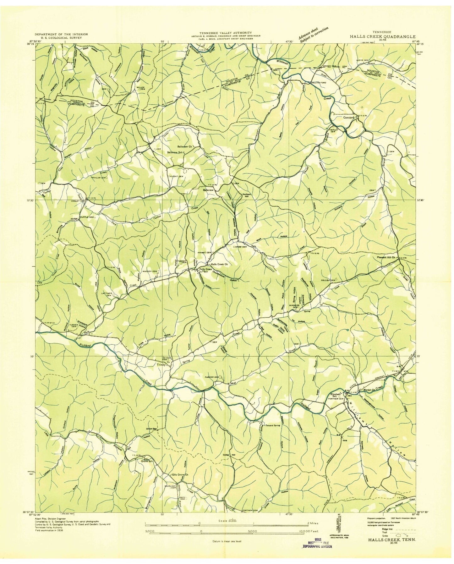 Classic USGS Halls Creek Tennessee 7.5'x7.5' Topo Map Image