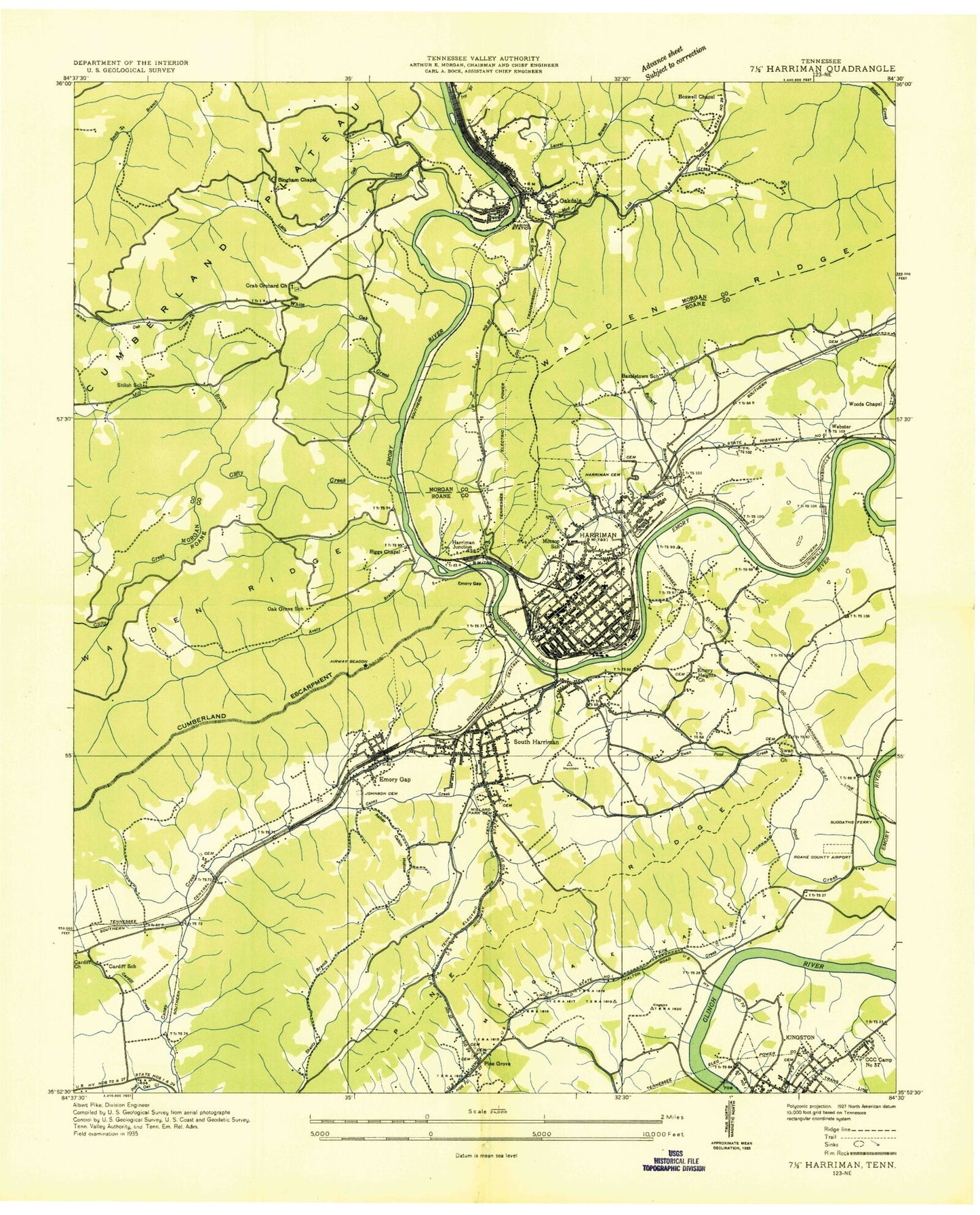 Classic USGS Harriman Tennessee 7.5'x7.5' Topo Map Image