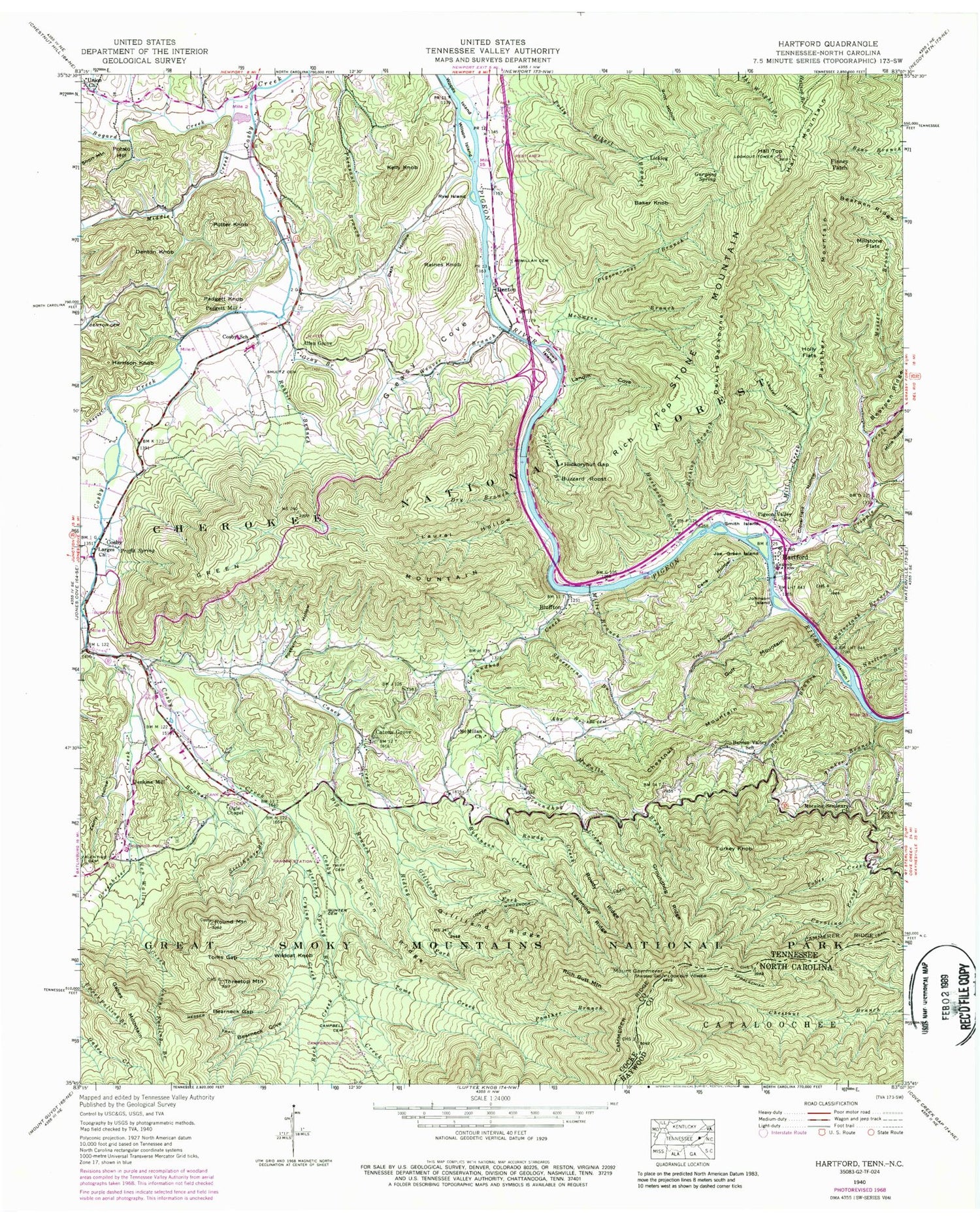 Classic USGS Hartford Tennessee 7.5'x7.5' Topo Map Image