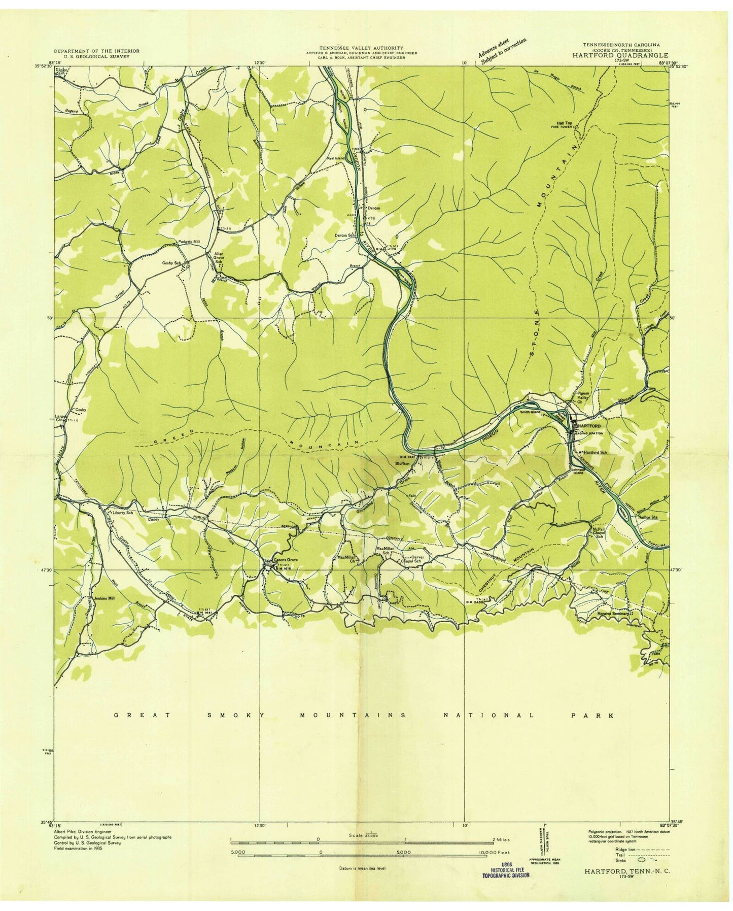 Classic USGS Hartford Tennessee 7.5'x7.5' Topo Map Image
