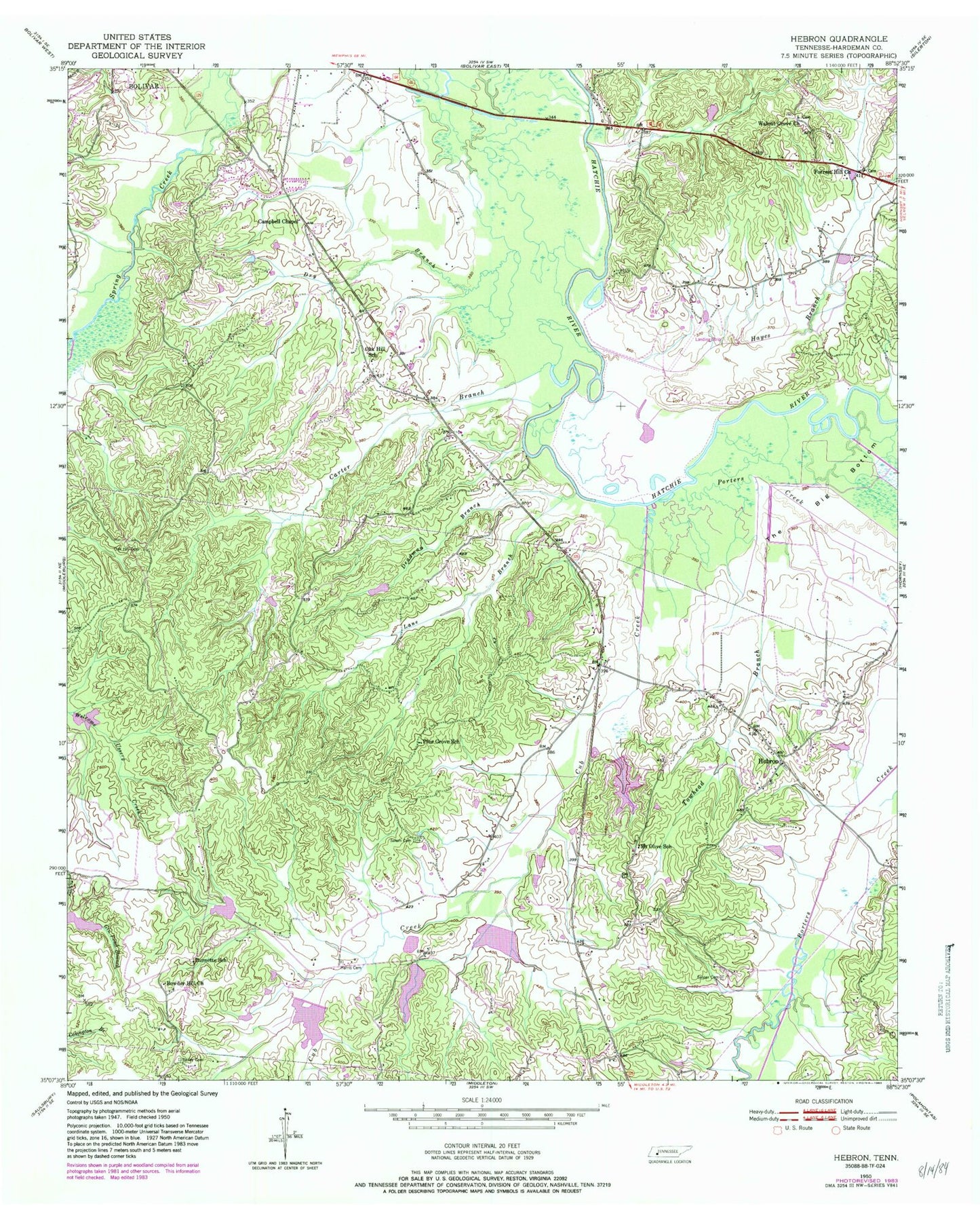 Classic USGS Hebron Tennessee 7.5'x7.5' Topo Map Image