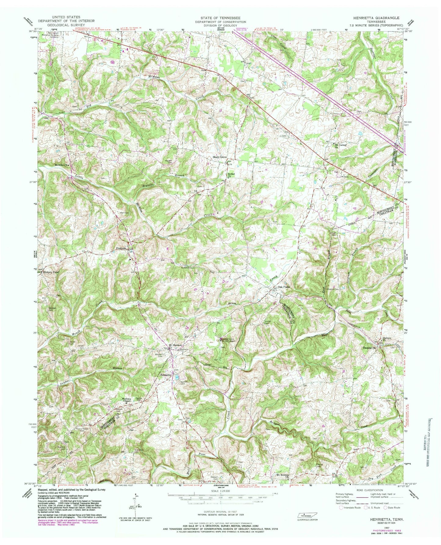 Classic USGS Henrietta Tennessee 7.5'x7.5' Topo Map Image