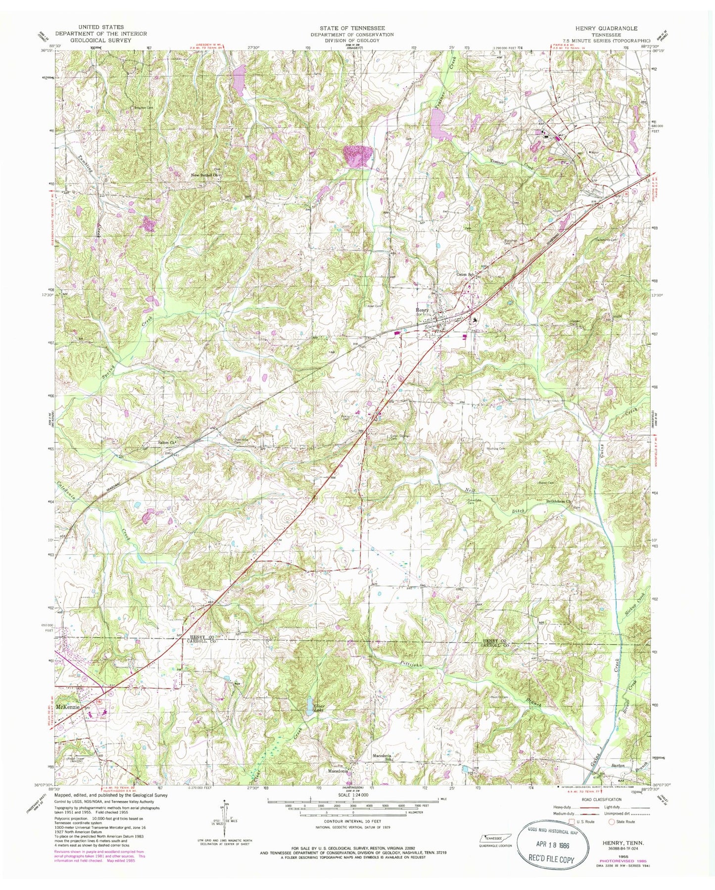Classic USGS Henry Tennessee 7.5'x7.5' Topo Map Image