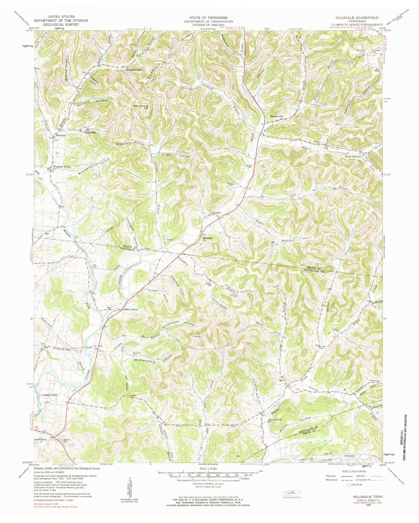 Classic USGS Hillsdale Tennessee 7.5'x7.5' Topo Map Image