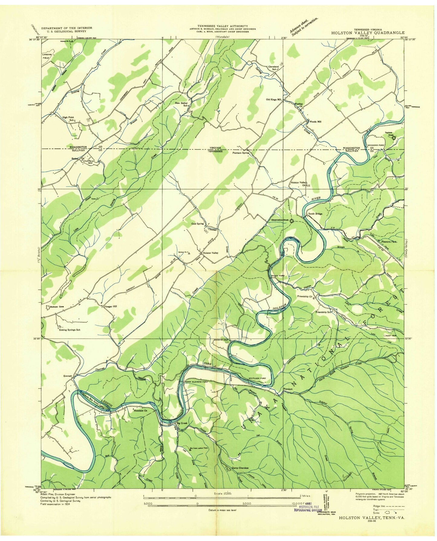 Classic USGS Holston Valley Tennessee 7.5'x7.5' Topo Map Image