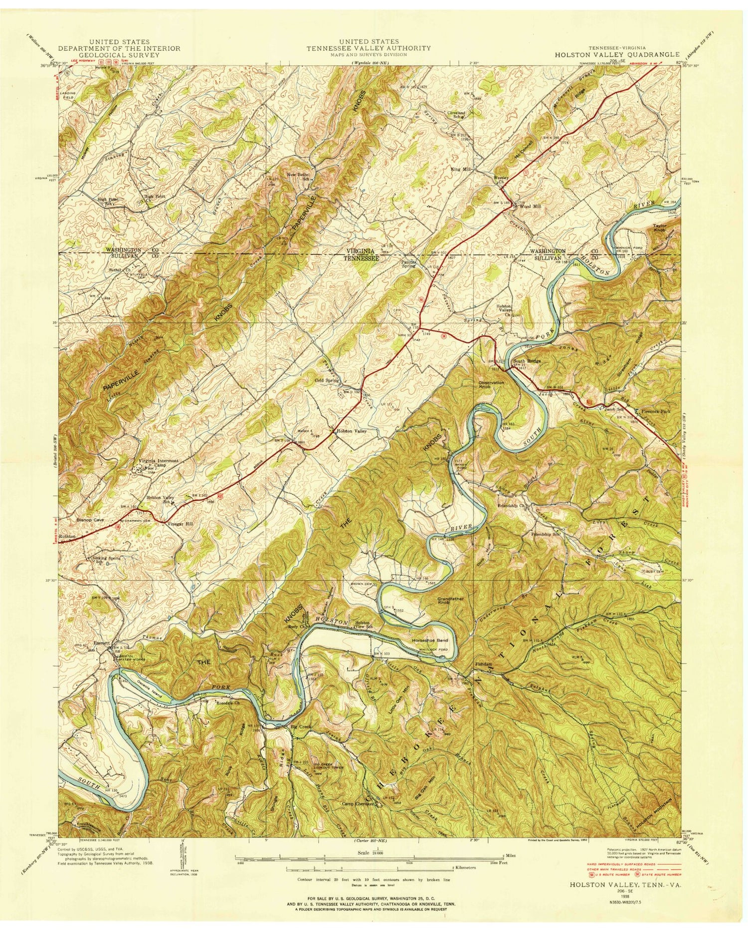 Classic USGS Holston Valley Tennessee 7.5'x7.5' Topo Map Image