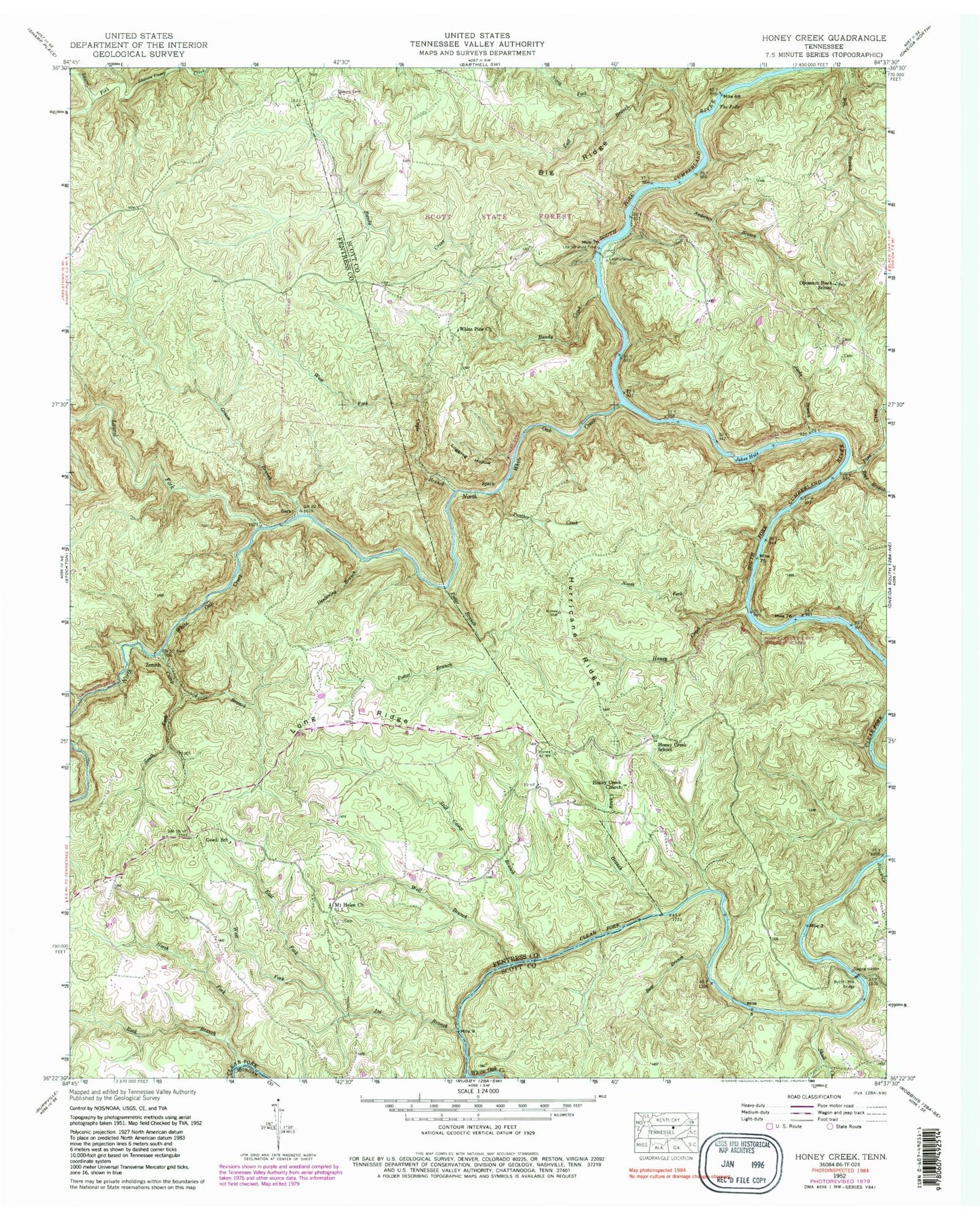 Classic USGS Honey Creek Tennessee 7.5'x7.5' Topo Map Image