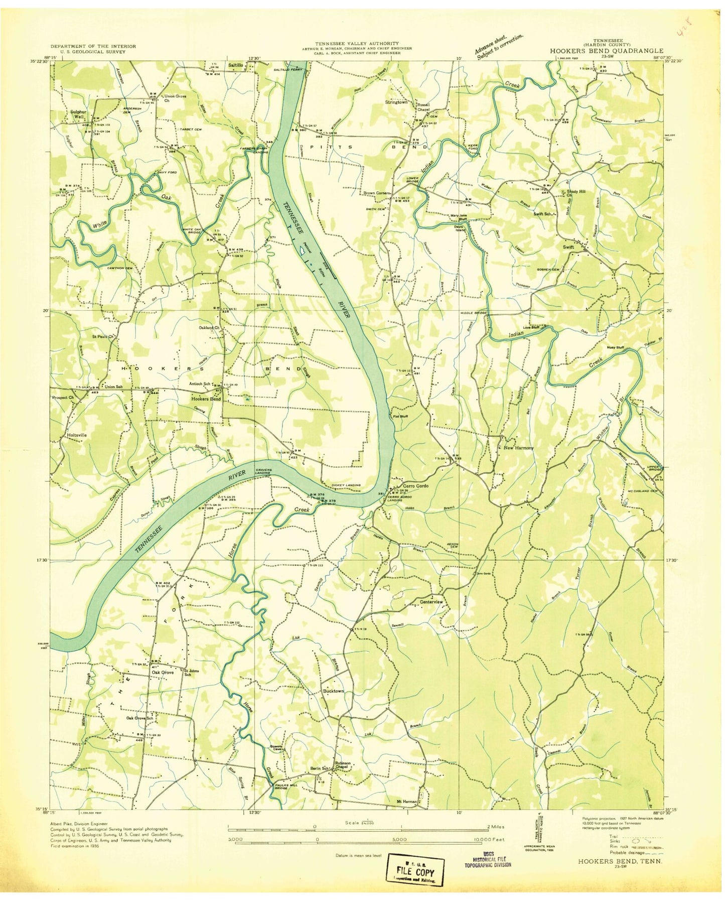 Classic USGS Hookers Bend Tennessee 7.5'x7.5' Topo Map Image