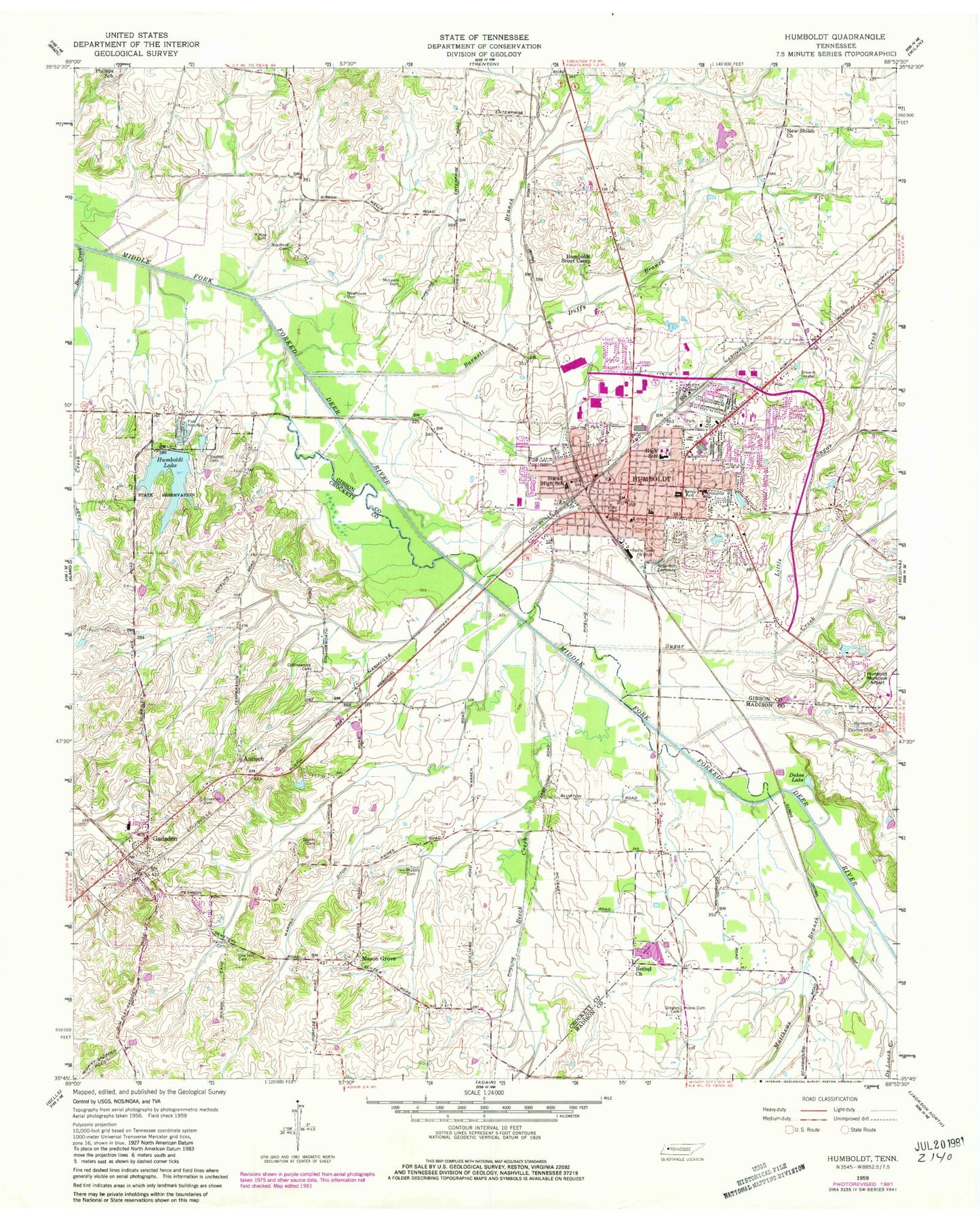 Classic USGS Humboldt Tennessee 7.5'x7.5' Topo Map Image