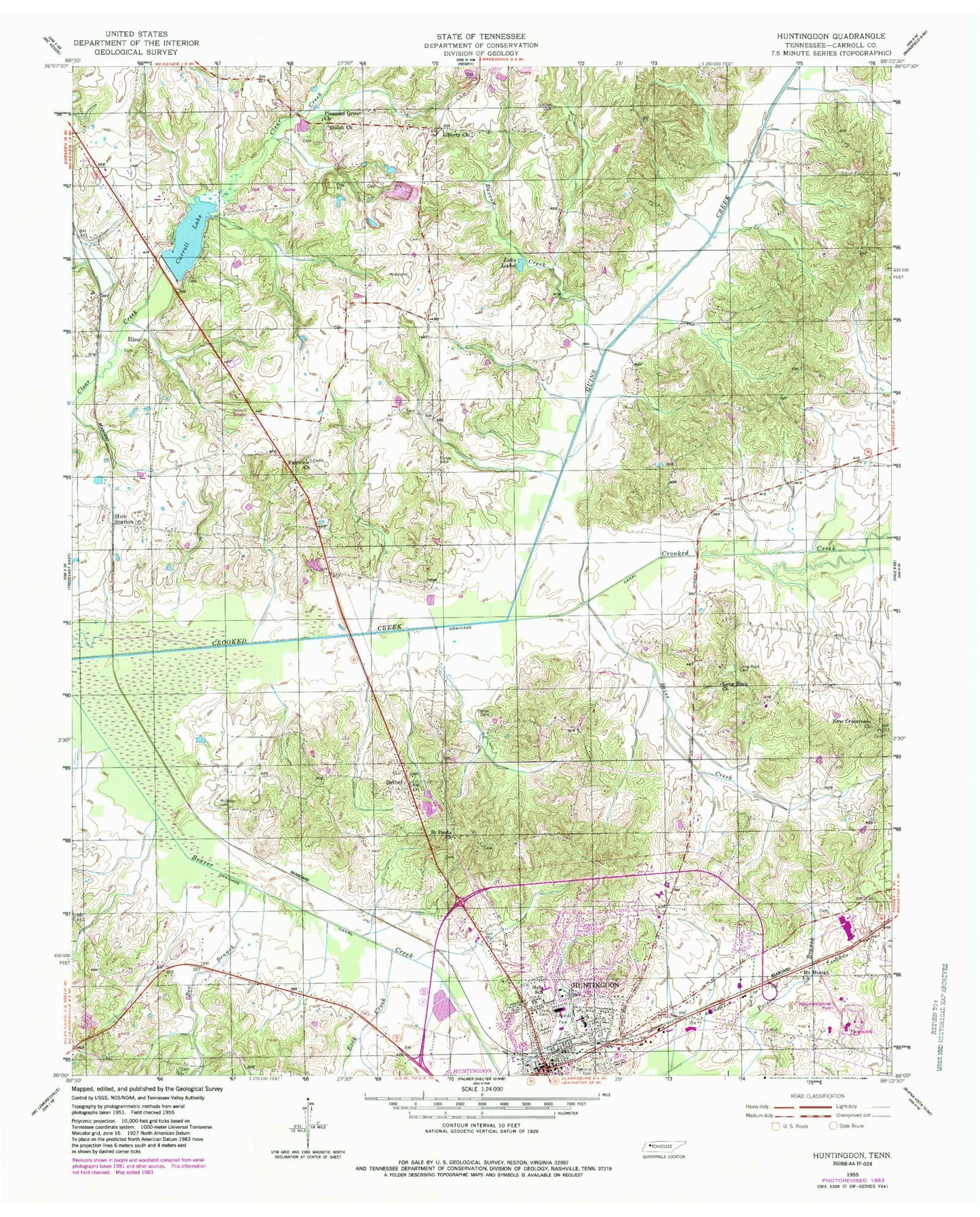 Classic USGS Huntingdon Tennessee 7.5'x7.5' Topo Map Image
