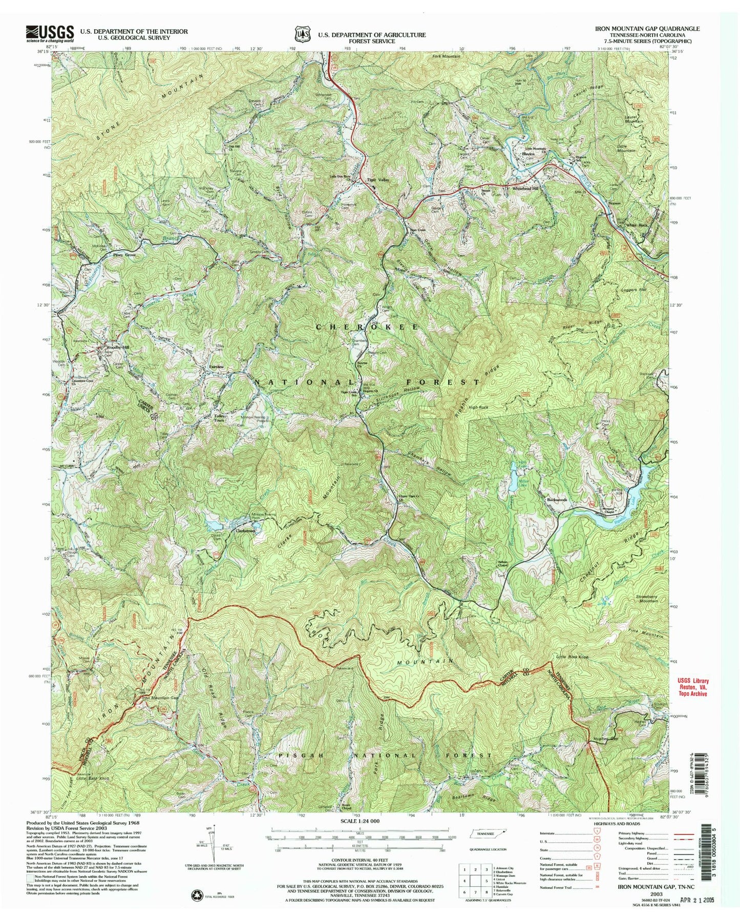 Classic USGS Iron Mountain Gap Tennessee 7.5'x7.5' Topo Map Image