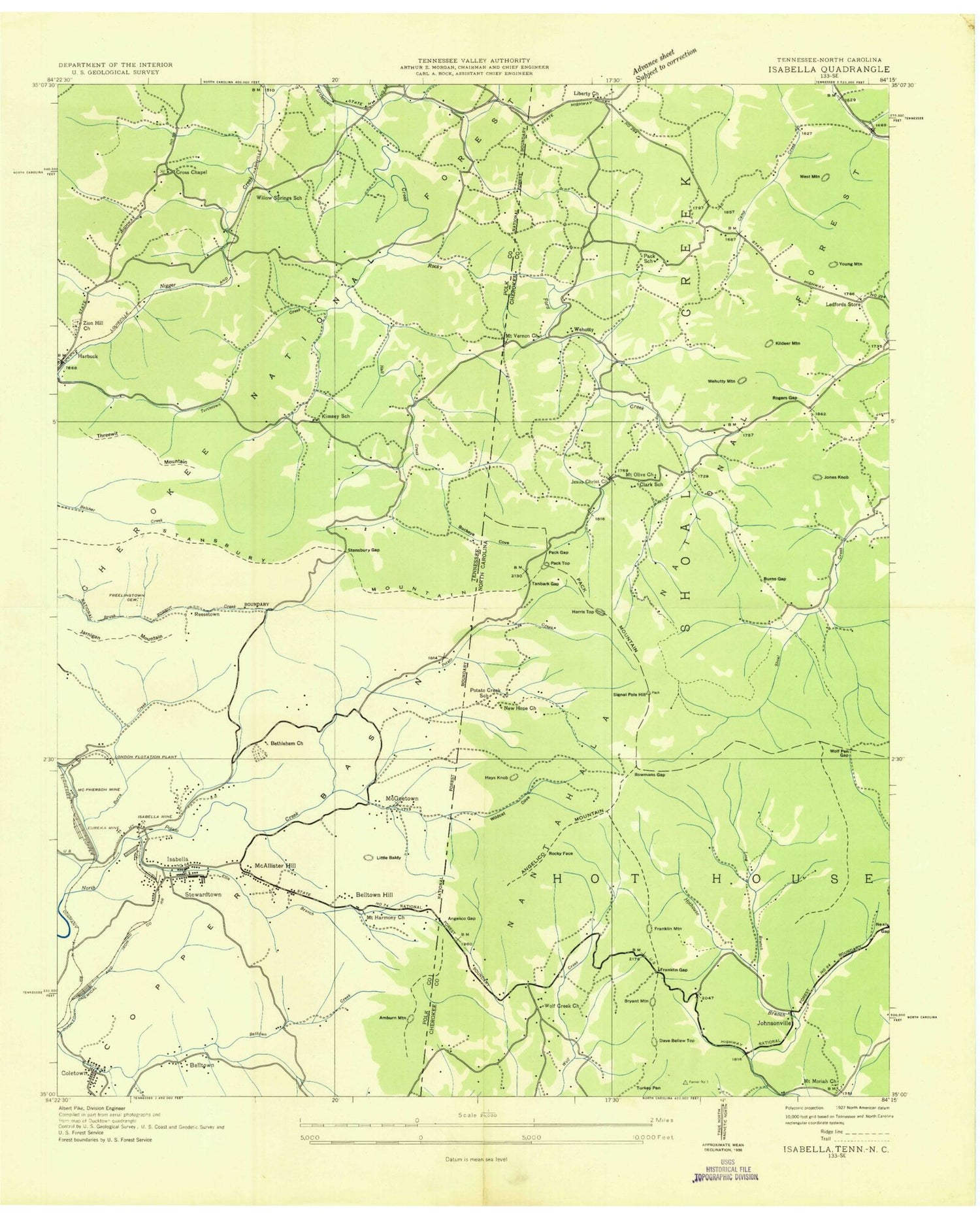 Classic USGS Isabella Tennessee 7.5'x7.5' Topo Map Image