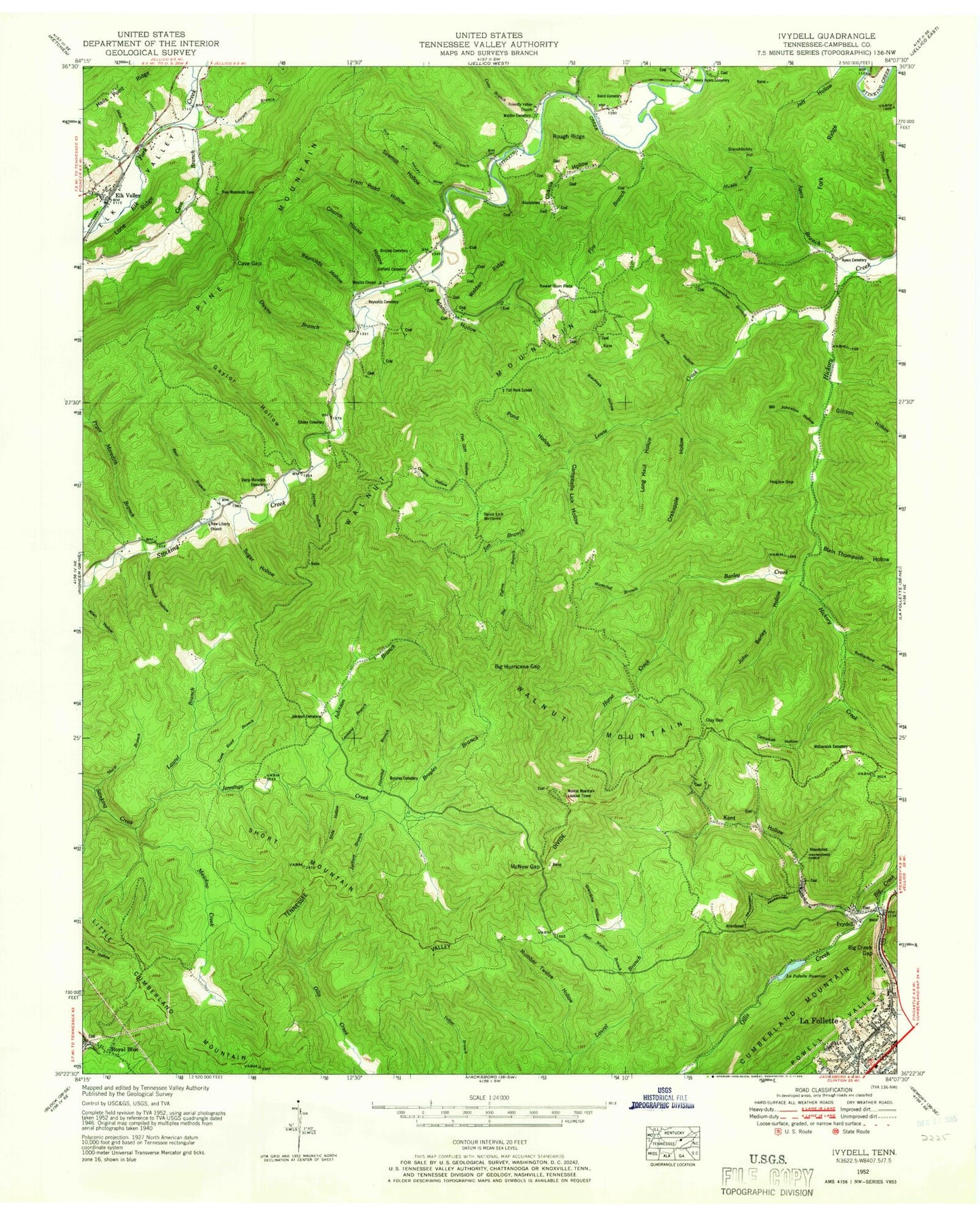 Classic USGS Ivydell Tennessee 7.5'x7.5' Topo Map Image