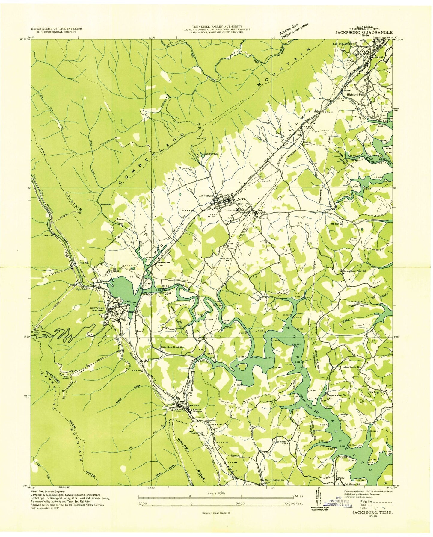 Classic USGS Jacksboro Tennessee 7.5'x7.5' Topo Map Image