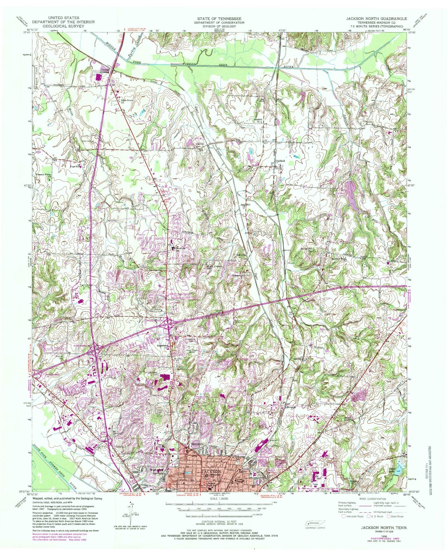 Classic USGS Jackson North Tennessee 7.5'x7.5' Topo Map Image