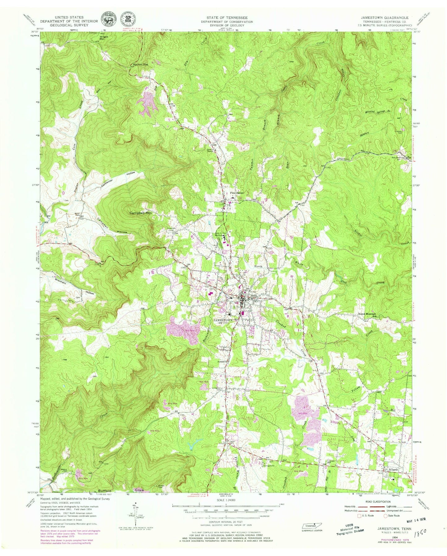 Classic USGS Jamestown Tennessee 7.5'x7.5' Topo Map Image