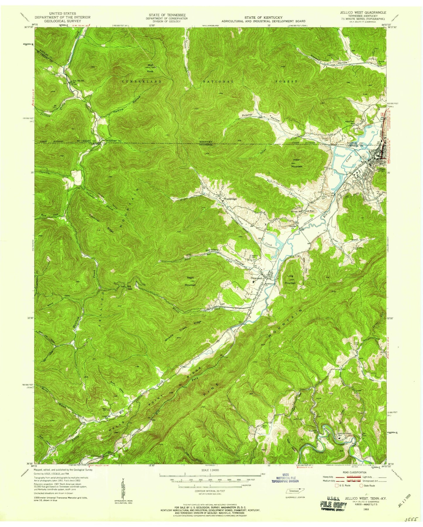 Classic USGS Jellico West Tennessee 7.5'x7.5' Topo Map Image