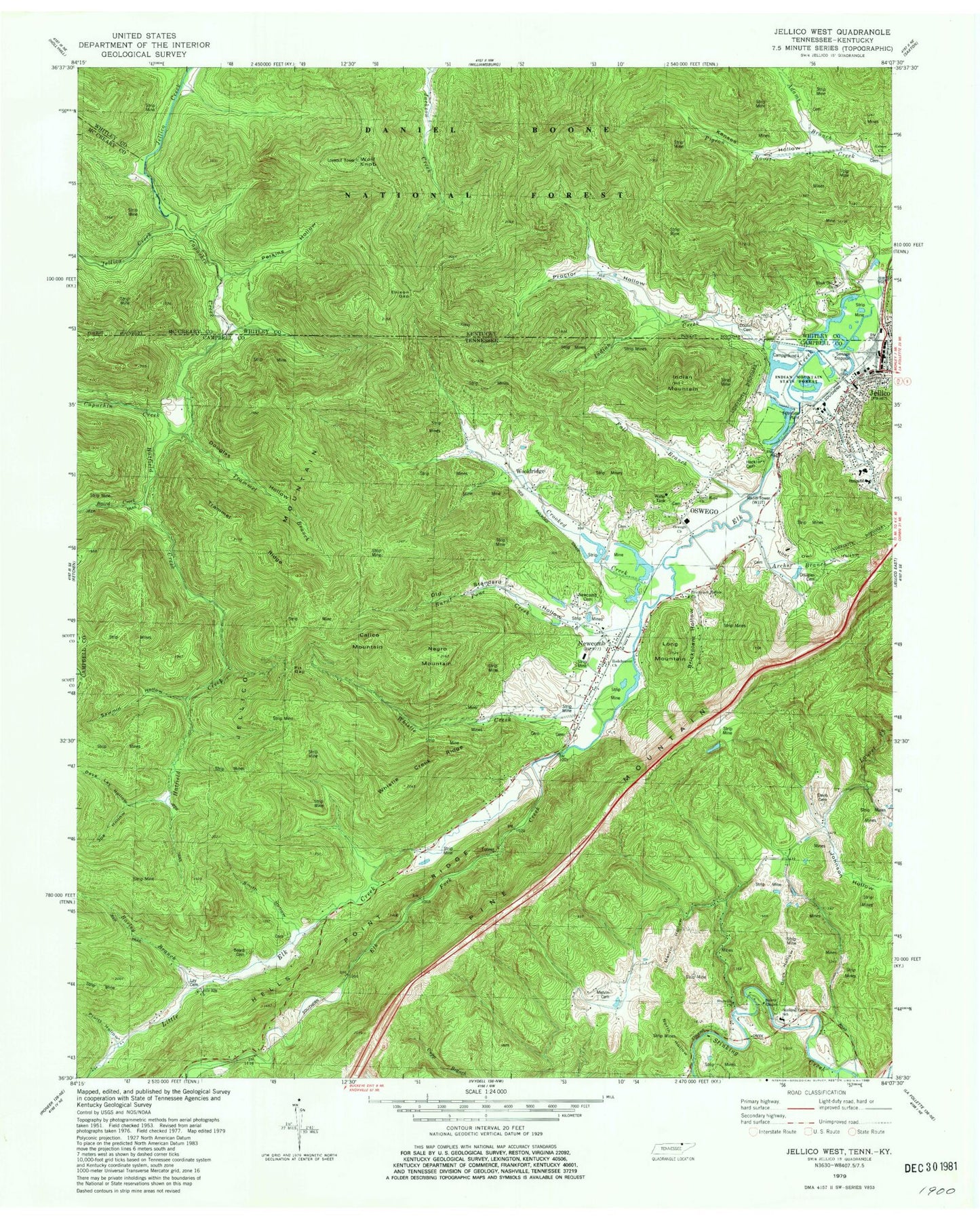 Classic USGS Jellico West Tennessee 7.5'x7.5' Topo Map Image