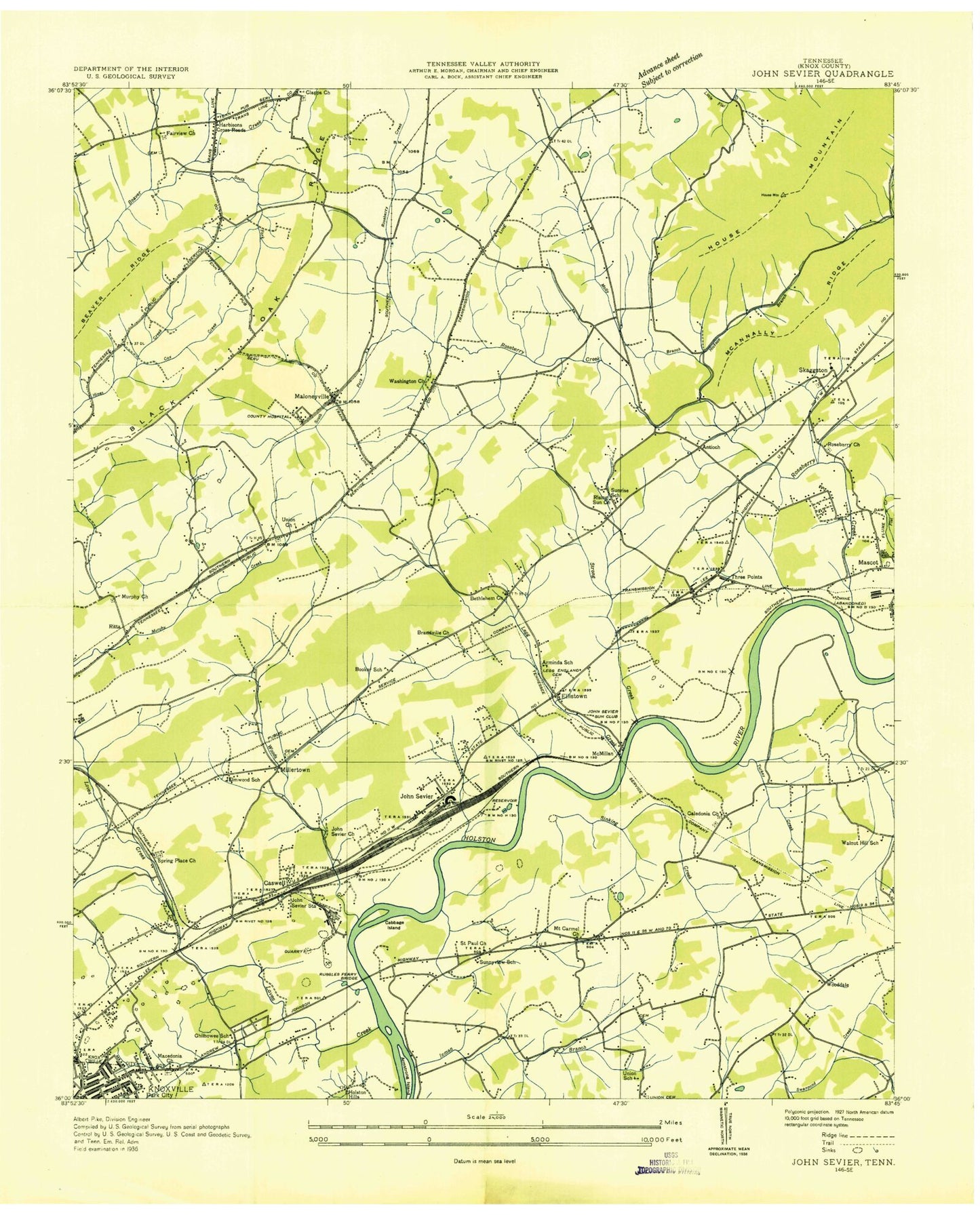 Classic USGS John Sevier Tennessee 7.5'x7.5' Topo Map Image