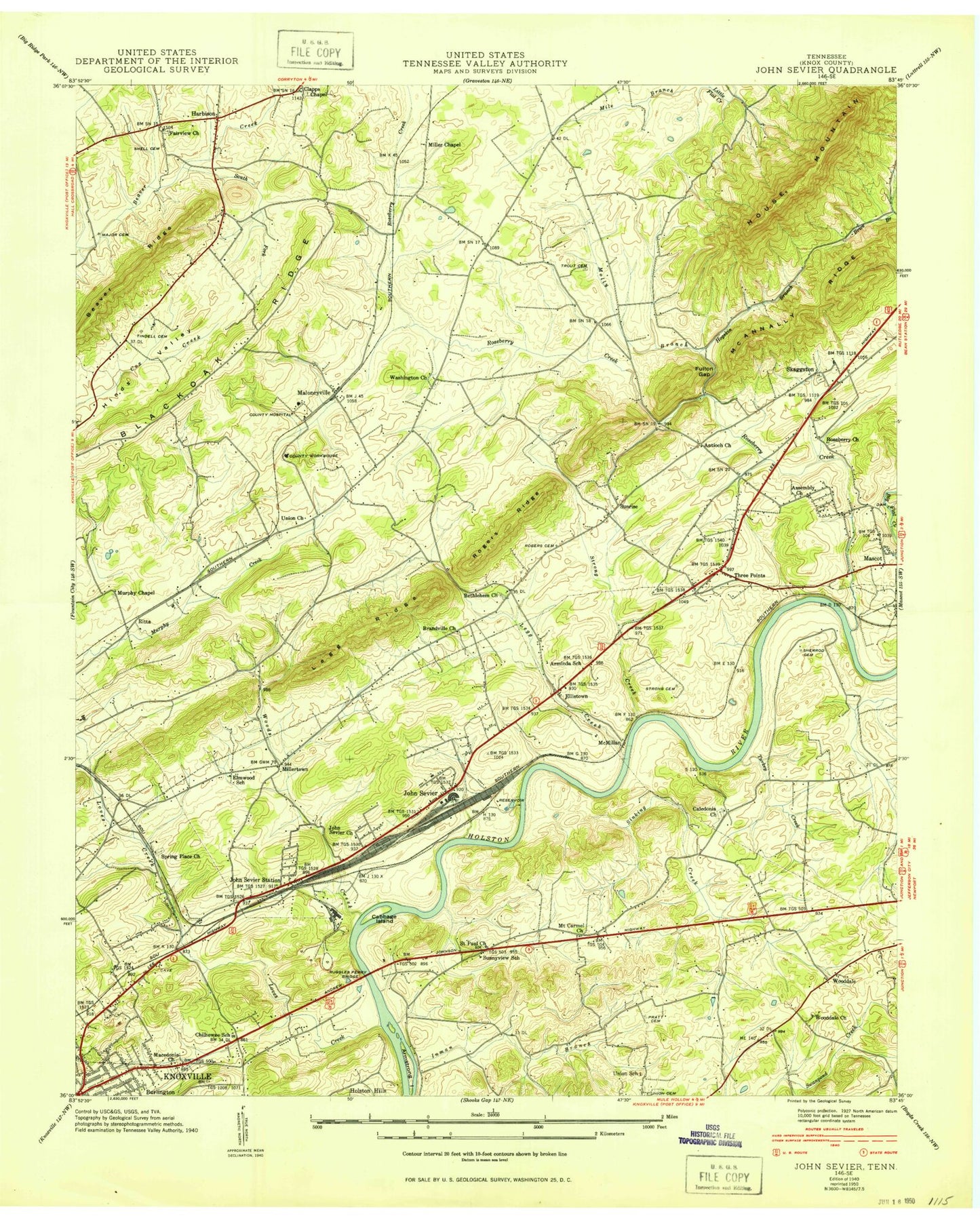 Classic USGS John Sevier Tennessee 7.5'x7.5' Topo Map Image