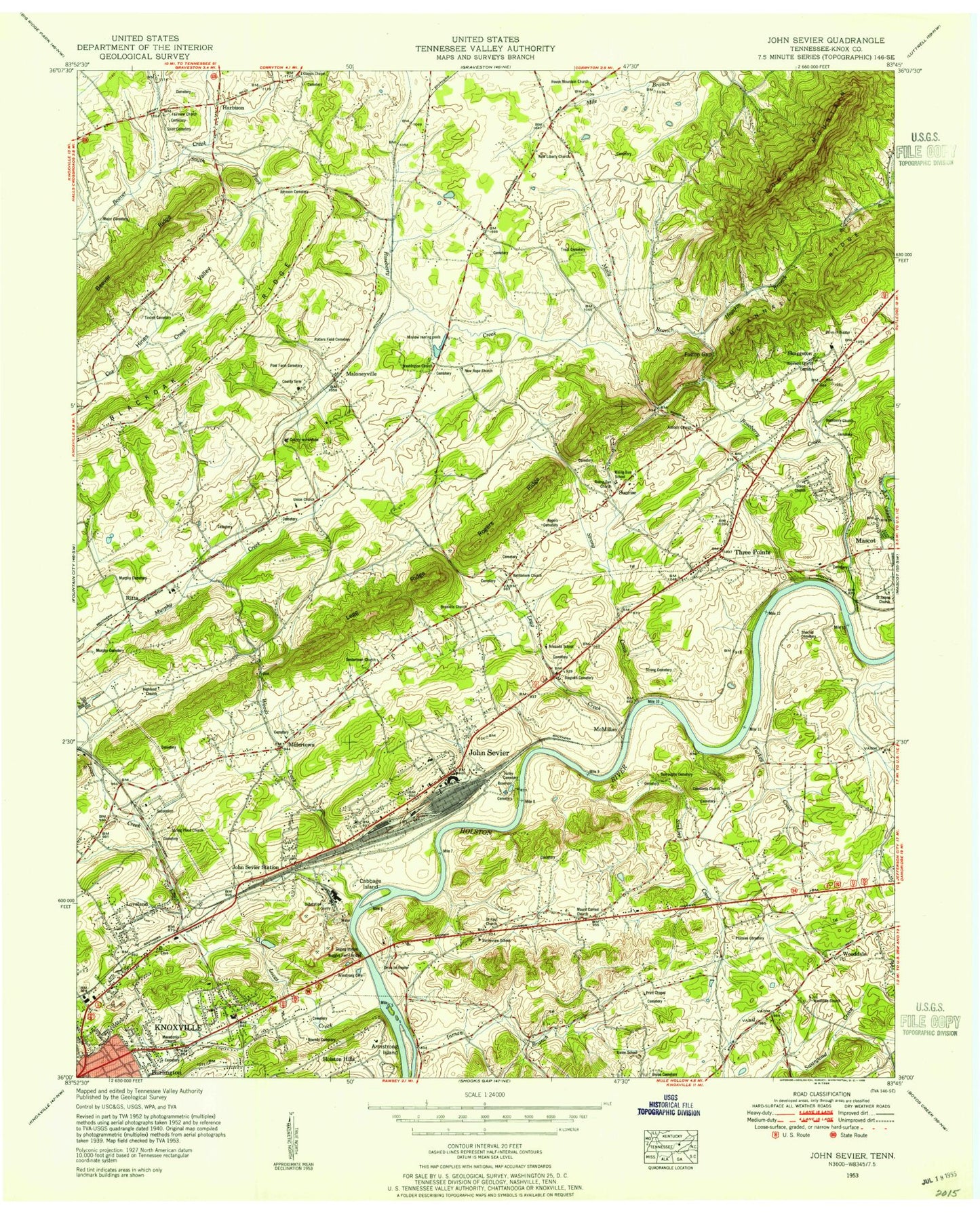 Classic USGS John Sevier Tennessee 7.5'x7.5' Topo Map Image
