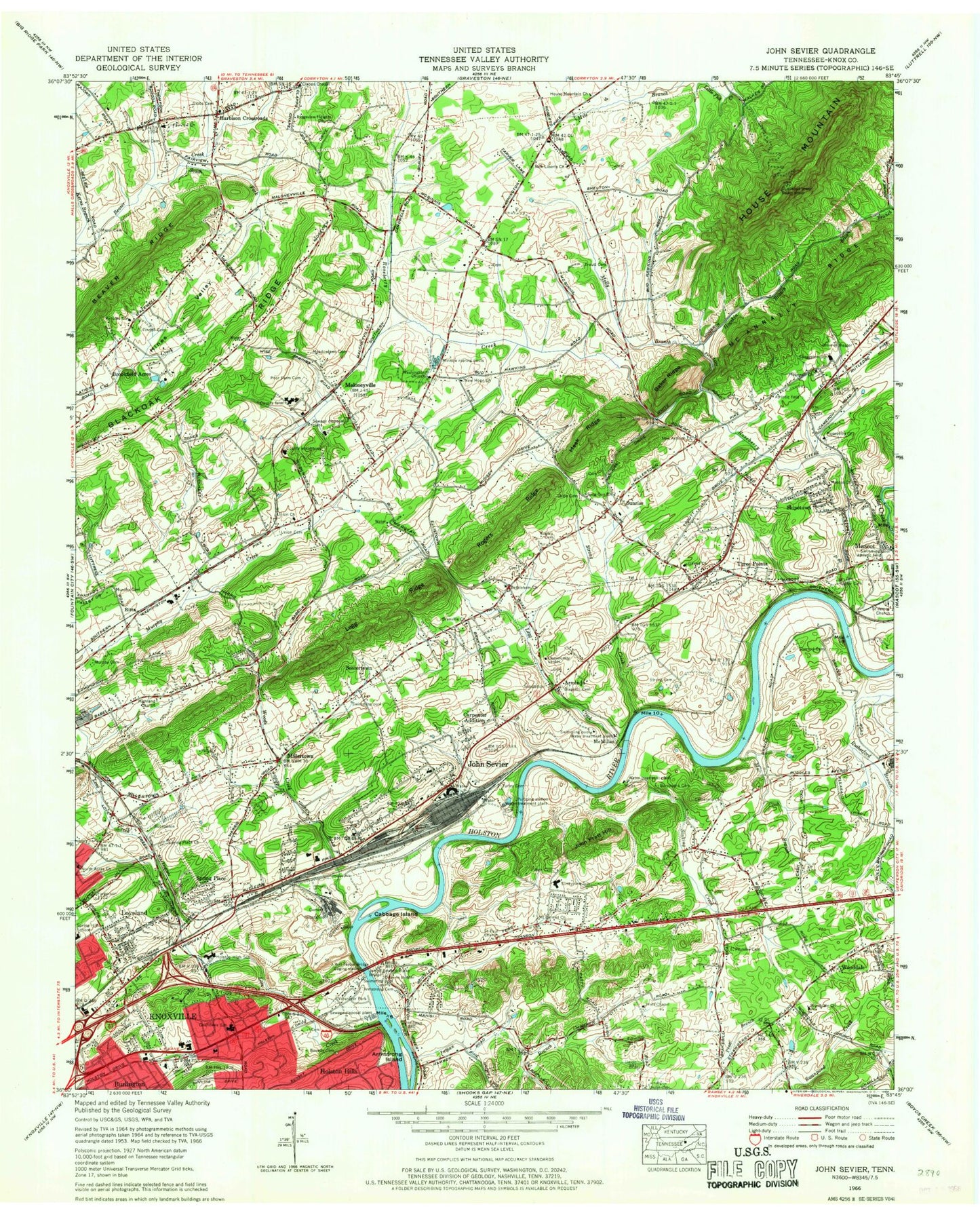 Classic USGS John Sevier Tennessee 7.5'x7.5' Topo Map Image