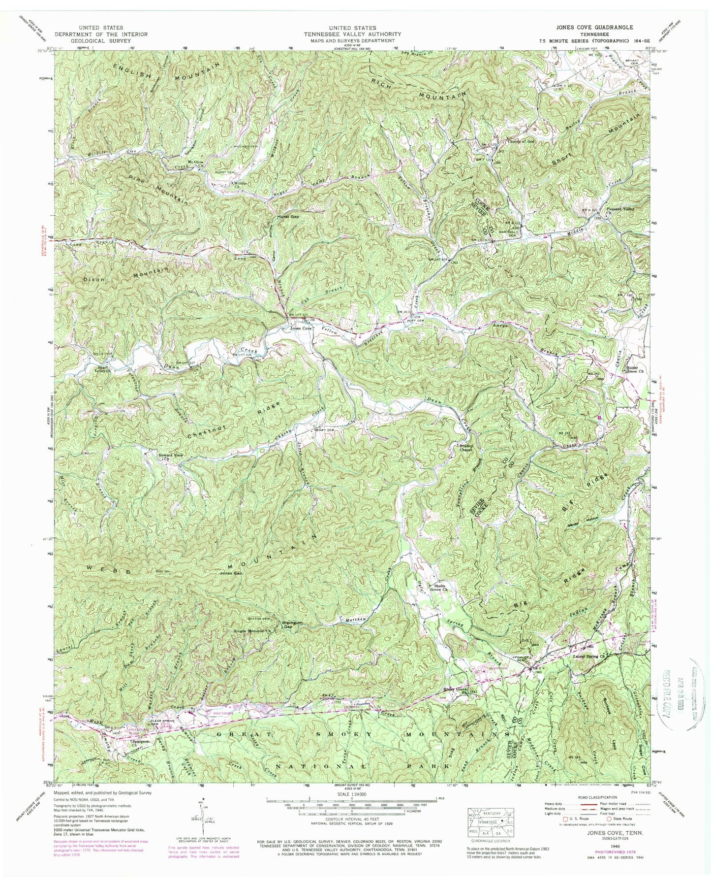Classic USGS Jones Cove Tennessee 7.5'x7.5' Topo Map Image