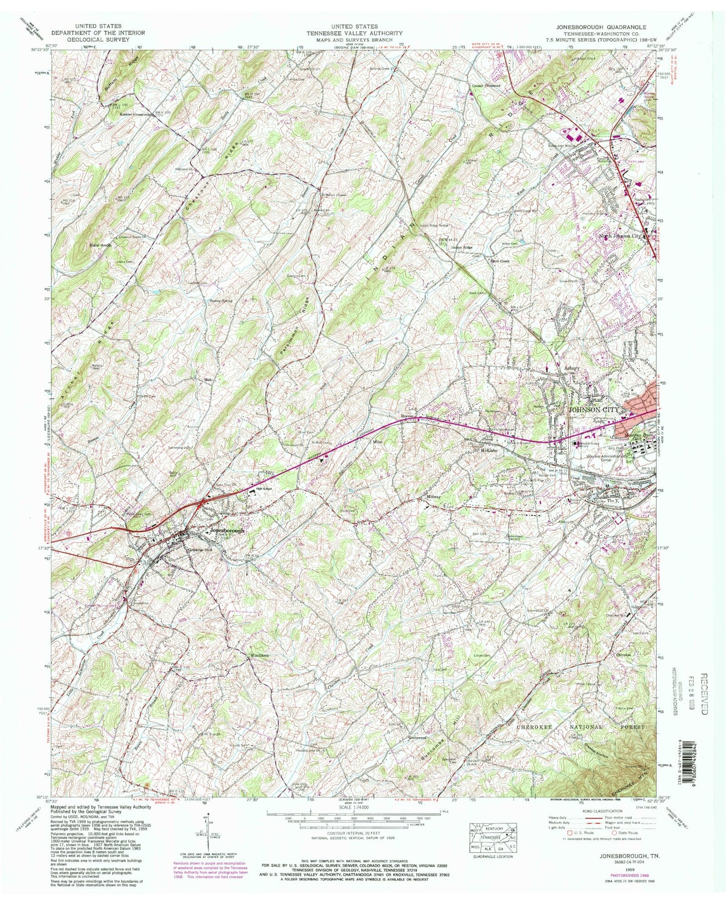 Classic USGS Jonesborough Tennessee 7.5'x7.5' Topo Map Image
