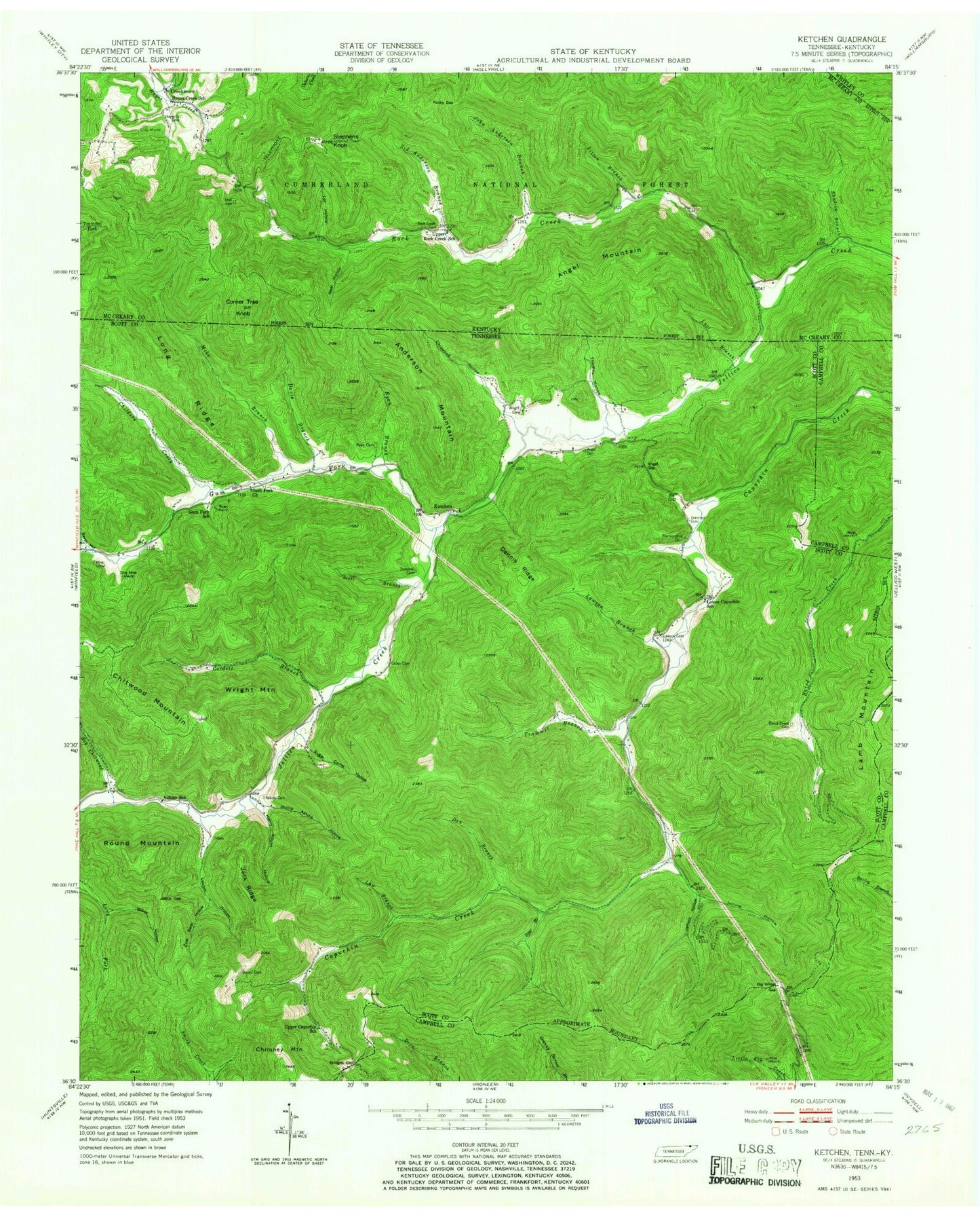 Classic USGS Ketchen Tennessee 7.5'x7.5' Topo Map Image