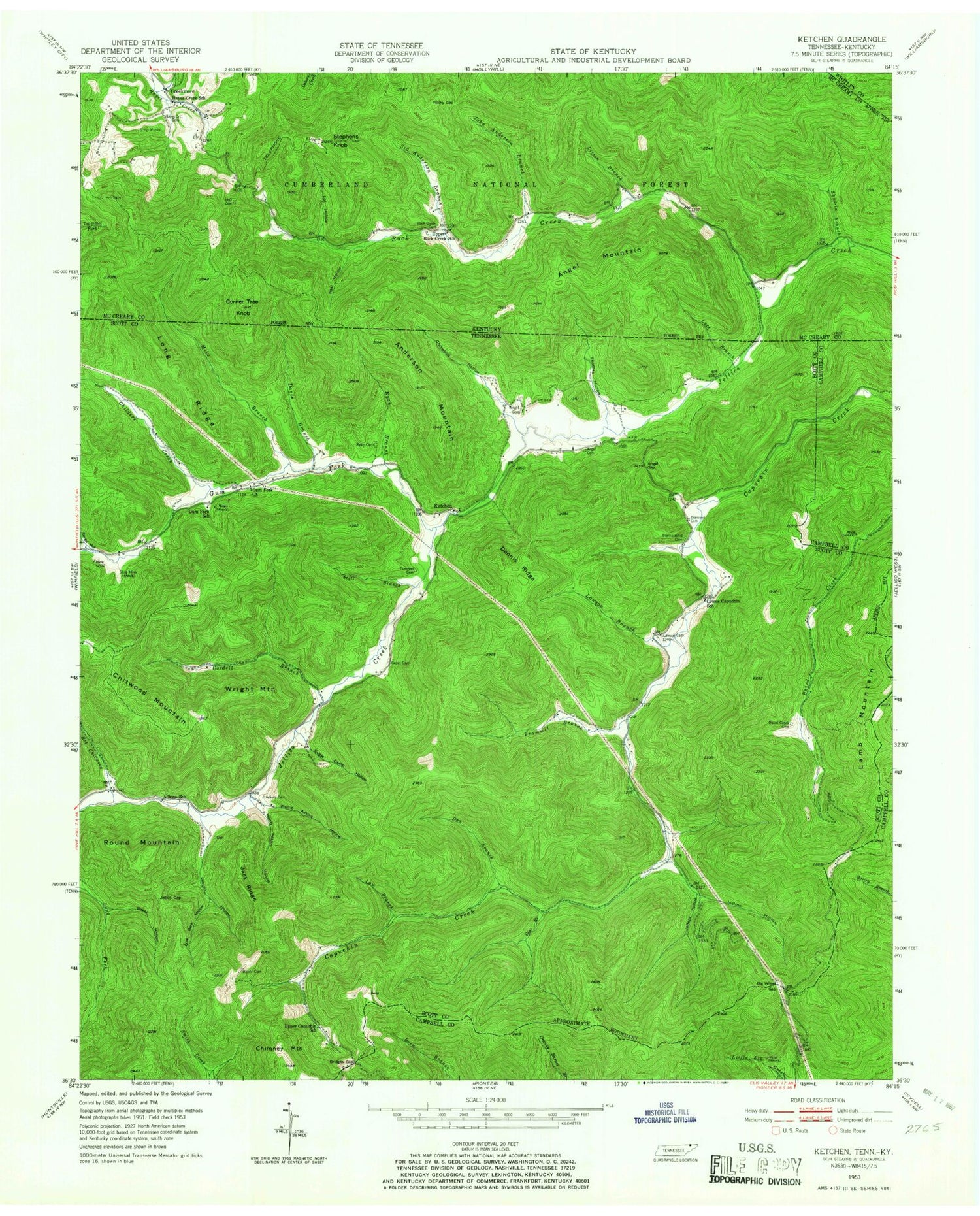 Classic USGS Ketchen Tennessee 7.5'x7.5' Topo Map Image