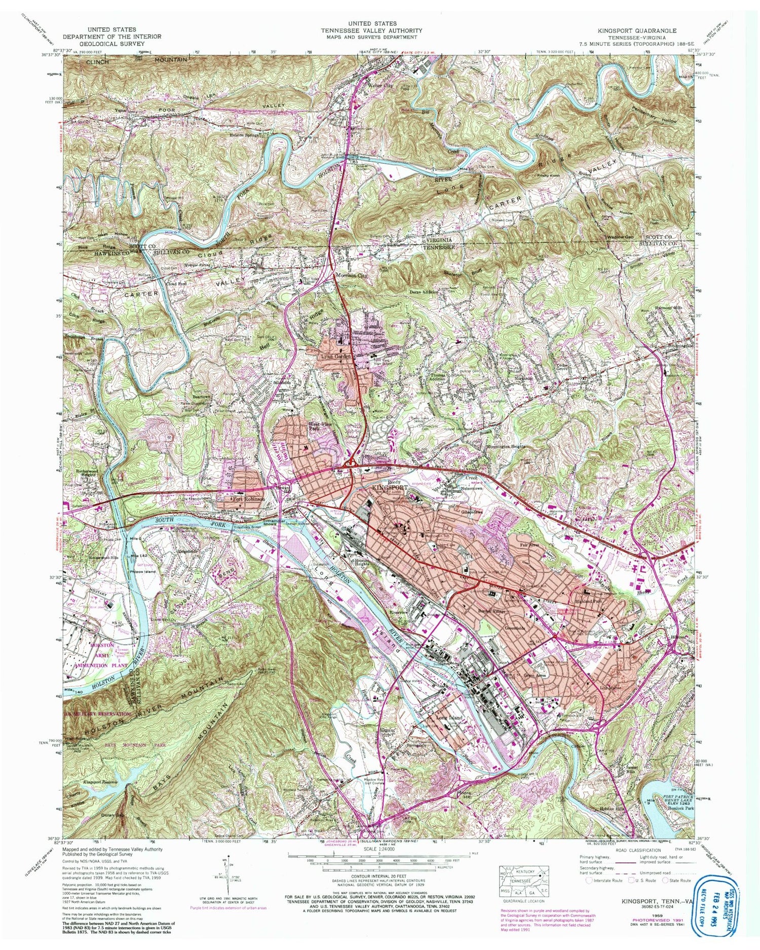 Classic USGS Kingsport Tennessee 7.5'x7.5' Topo Map Image