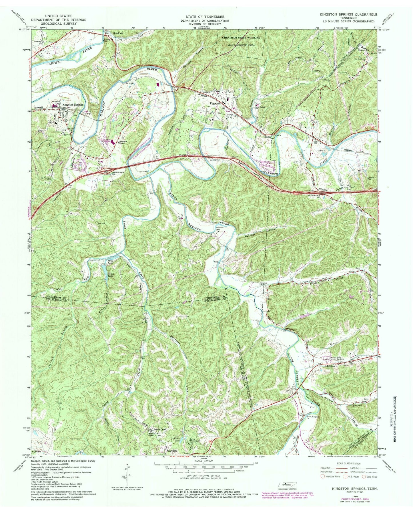 Classic USGS Kingston Springs Tennessee 7.5'x7.5' Topo Map Image