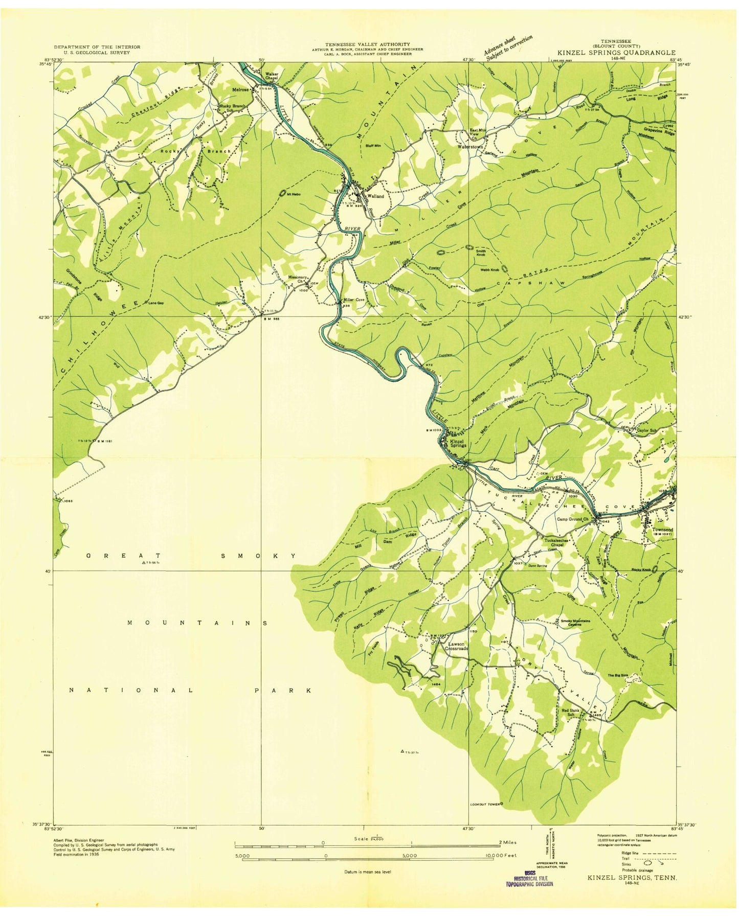 Classic USGS Kinzel Springs Tennessee 7.5'x7.5' Topo Map Image