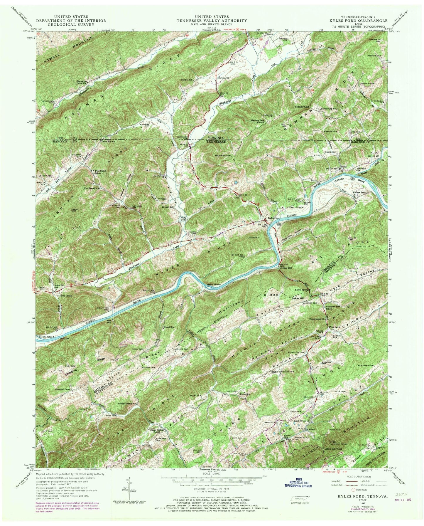 Classic USGS Kyles Ford Tennessee 7.5'x7.5' Topo Map Image
