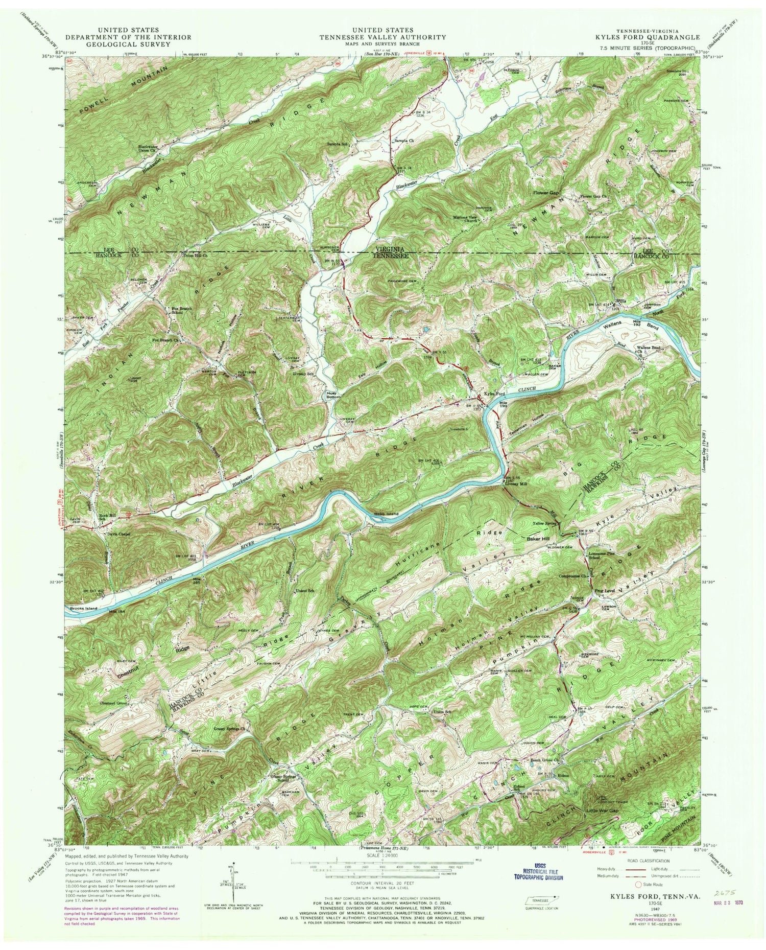 Classic USGS Kyles Ford Tennessee 7.5'x7.5' Topo Map Image
