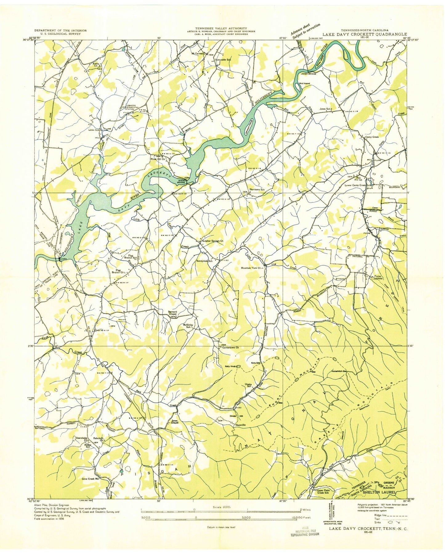 Classic USGS Davy Crockett Lake Tennessee 7.5'x7.5' Topo Map Image