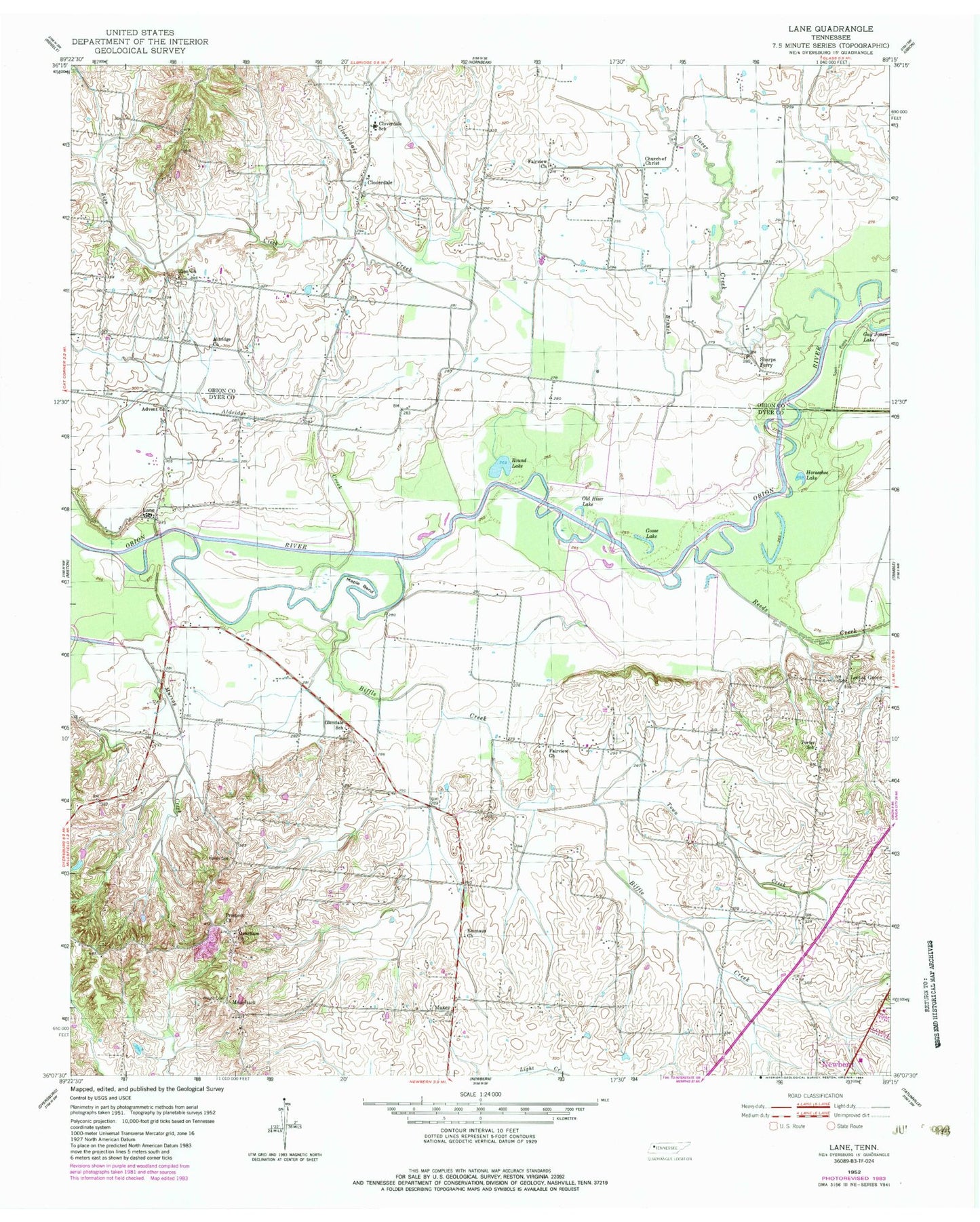 Classic USGS Lane Tennessee 7.5'x7.5' Topo Map Image