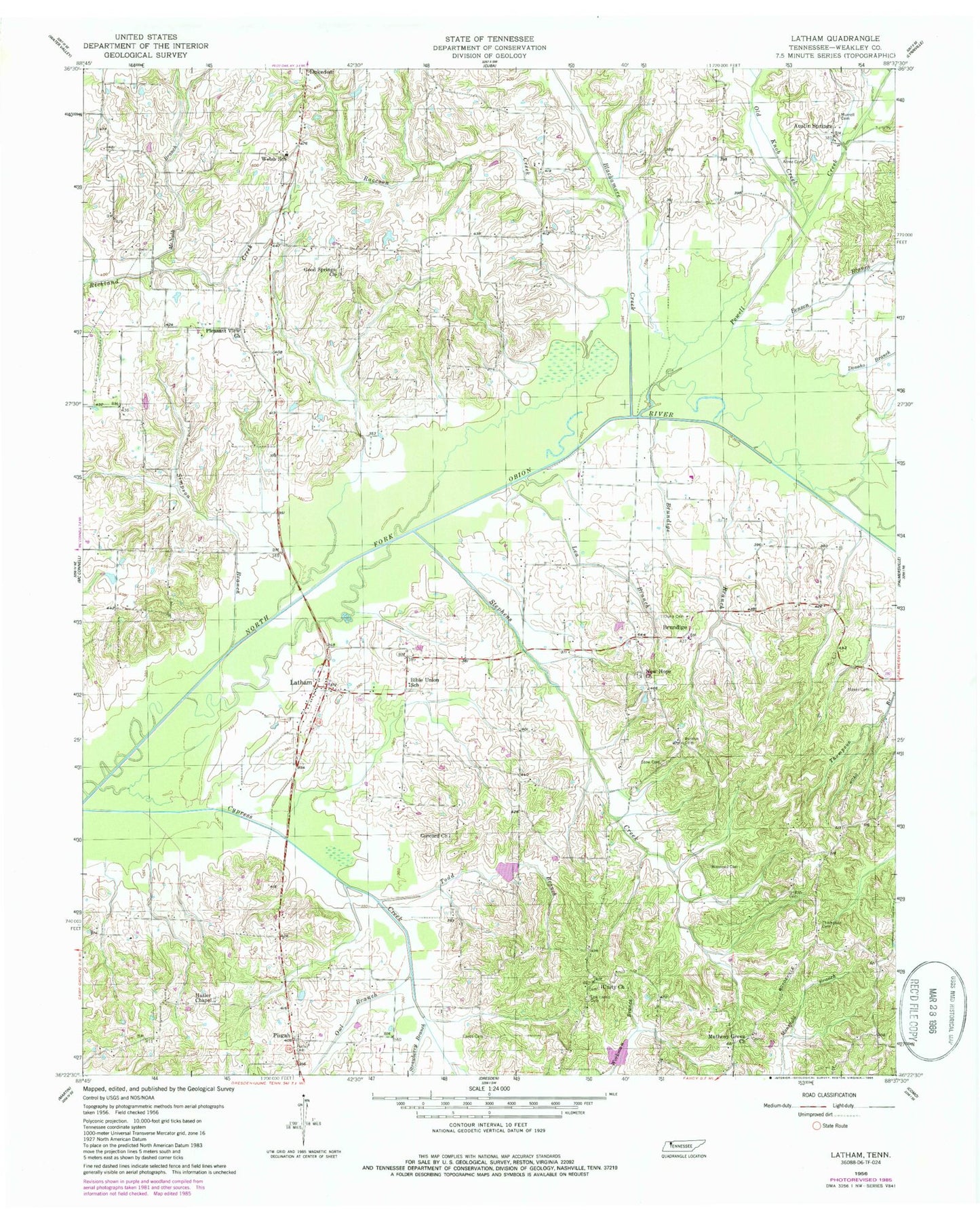 Classic USGS Latham Tennessee 7.5'x7.5' Topo Map Image